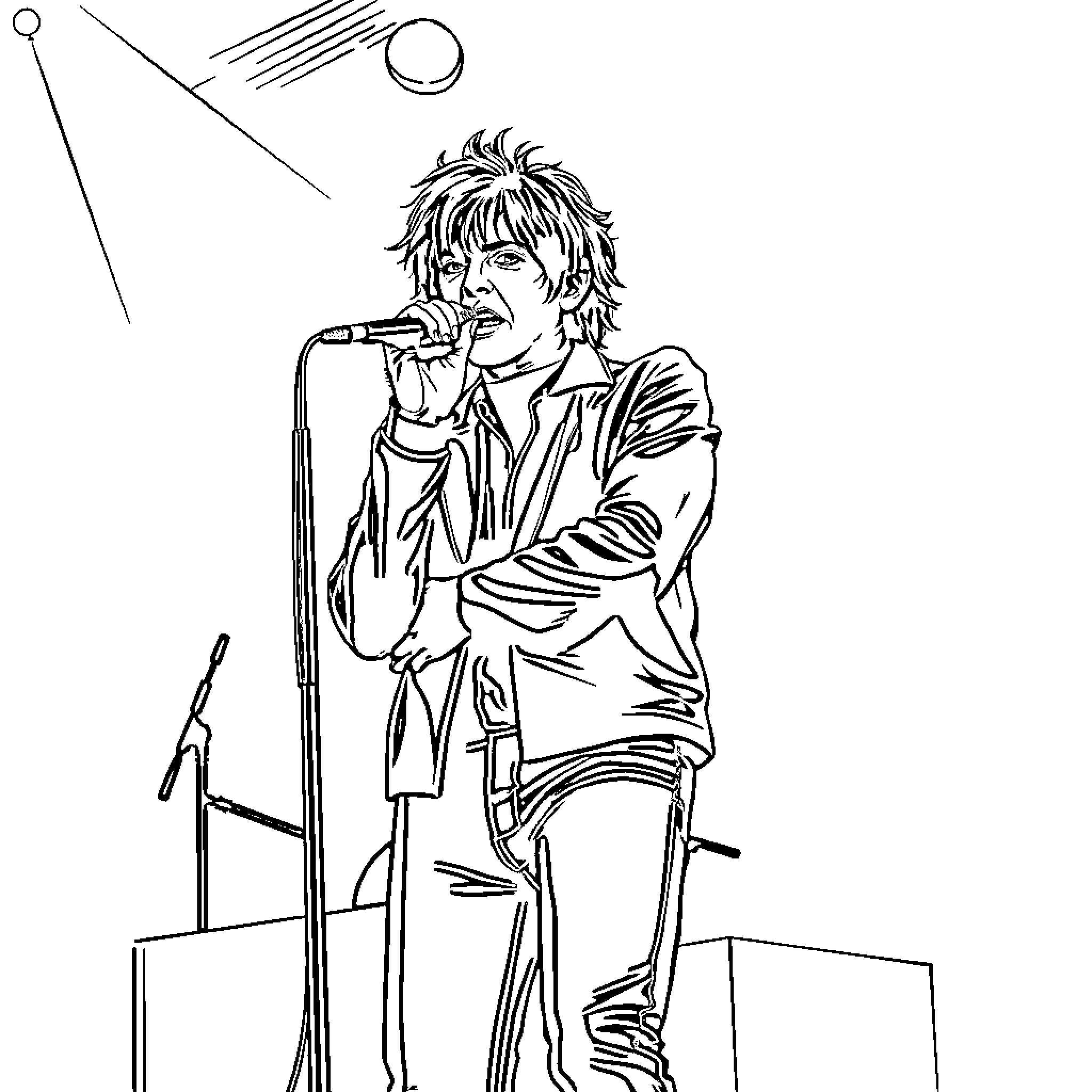 Robert Smith passionately performing on stage Coloring Page (free black-and-white line drawing printable PDF for all, from beginners to advanced learners, including children, teens, adults, and seniors)