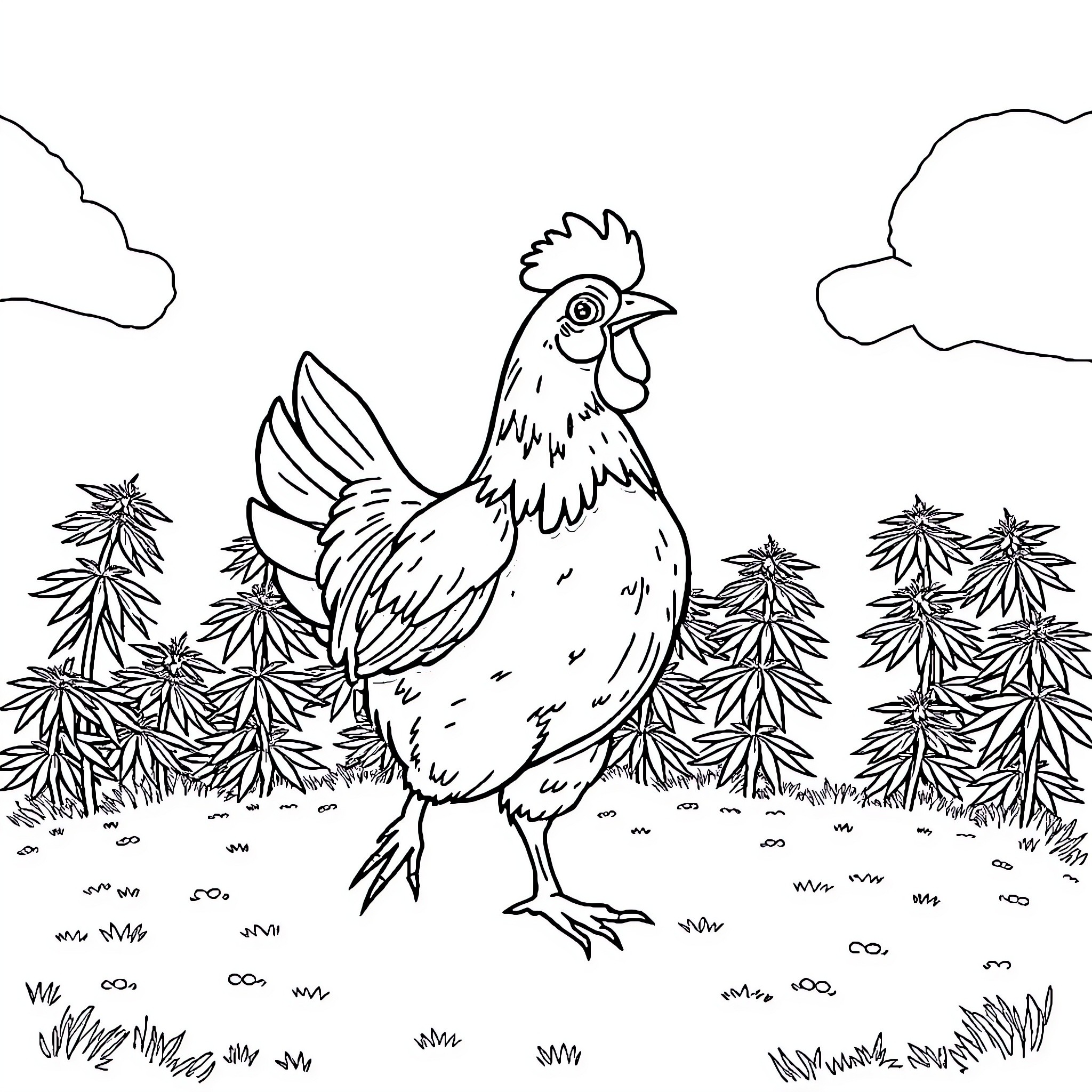 Chicken strutting in a lush garden Coloring Page (free black-and-white line drawing printable PDF for all, from beginners to advanced learners, including children, teens, adults, and seniors)