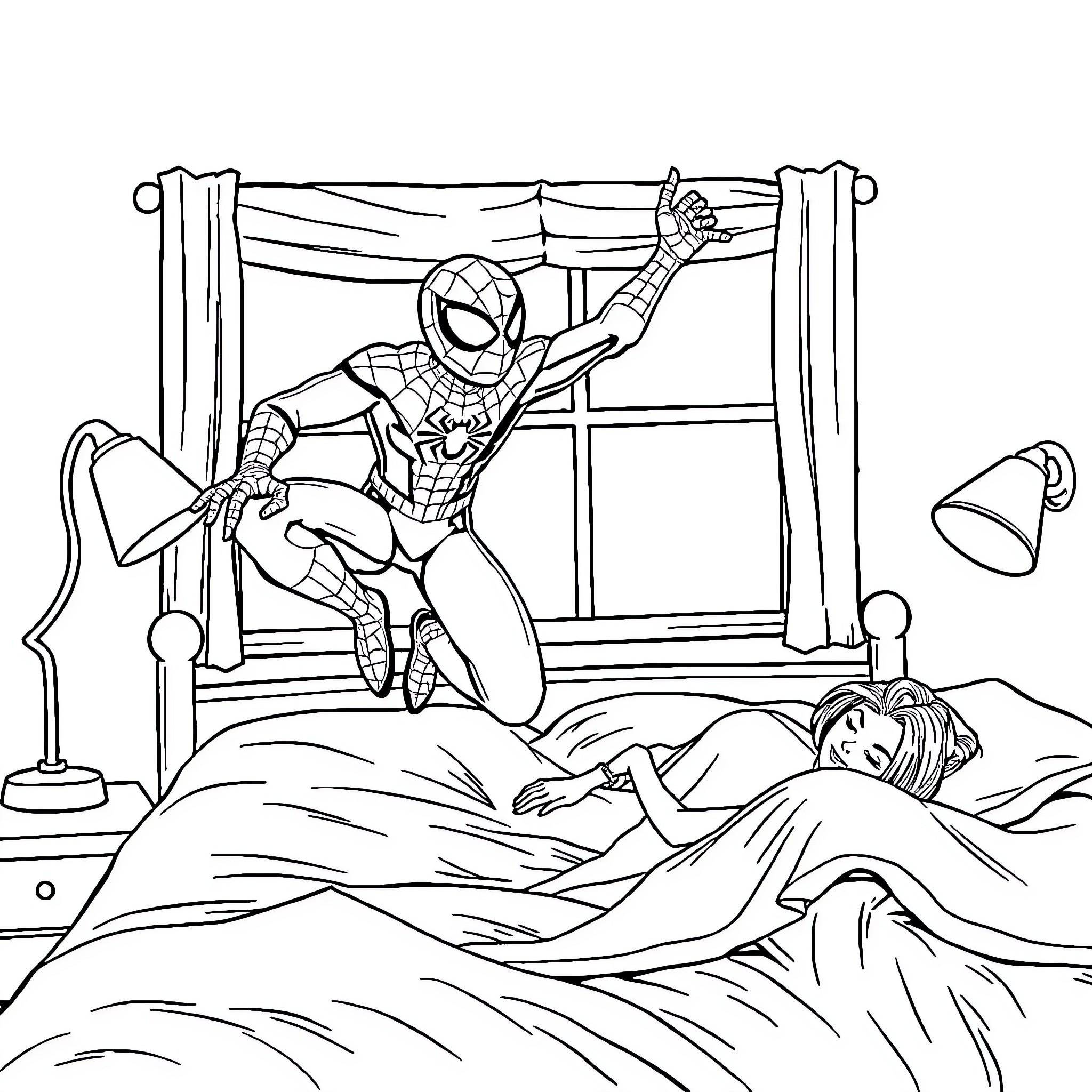 Spiderman rescues sleeping person from their bedroom Coloring Page (free black-and-white line drawing printable PDF for all, from beginners to advanced learners, including children, teens, adults, and seniors)