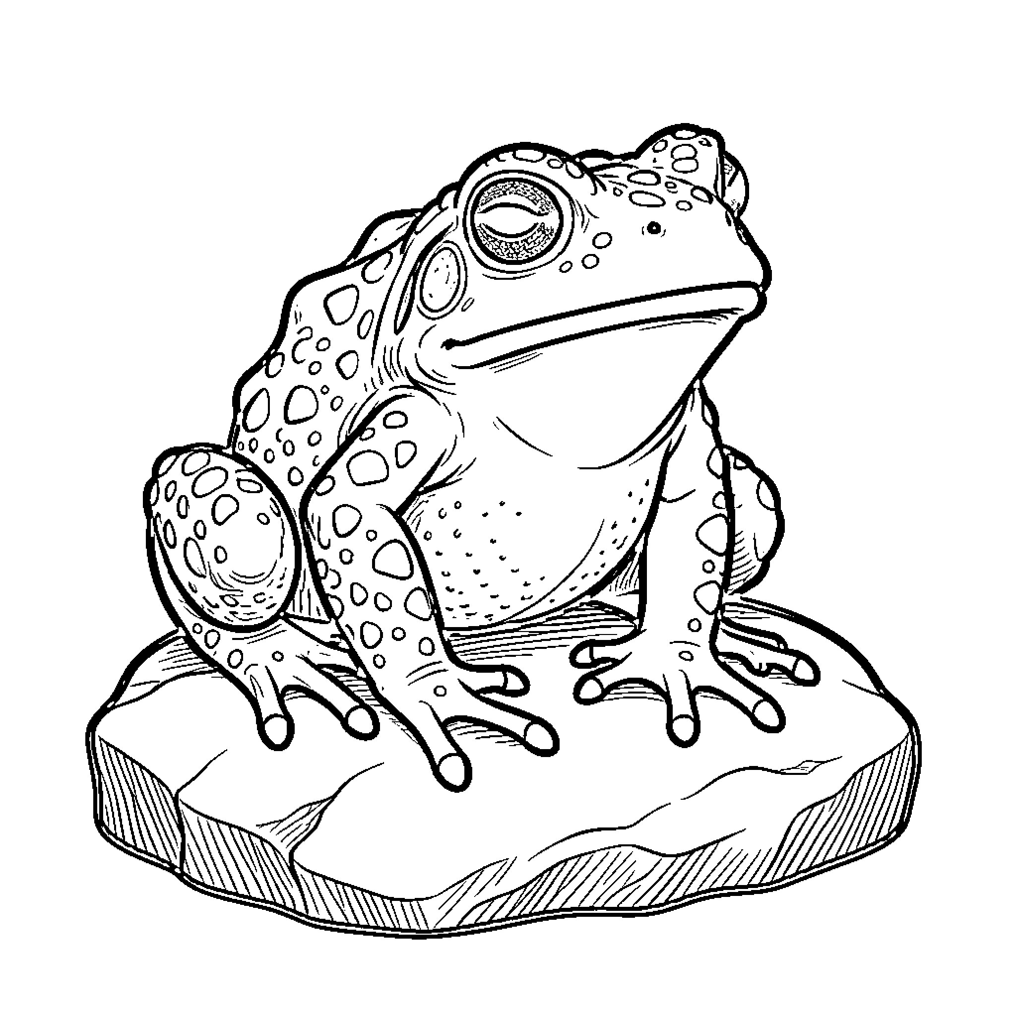 Toad sitting calmly on a large rock Coloring Page (free black-and-white line drawing printable PDF for all, from beginners to advanced learners, including children, teens, adults, and seniors)
