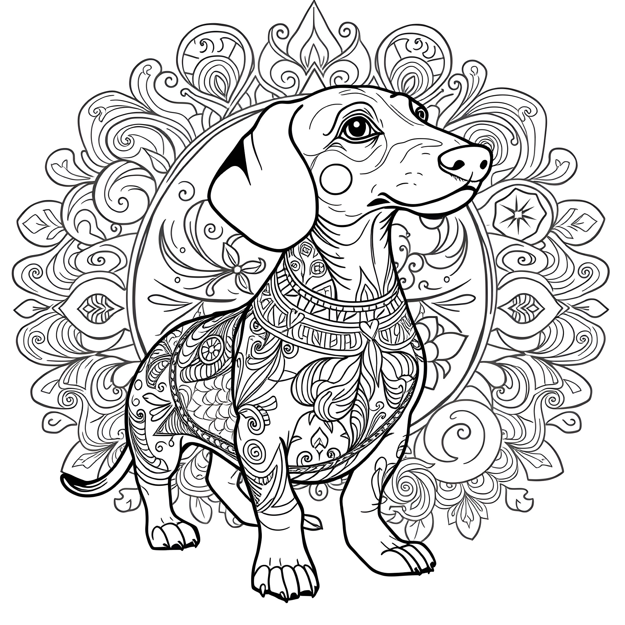 Dachshund in Intricate Floral Mandala Design Coloring Page (free black-and-white line drawing printable PDF for all, from beginners to advanced learners, including children, teens, adults, and seniors)