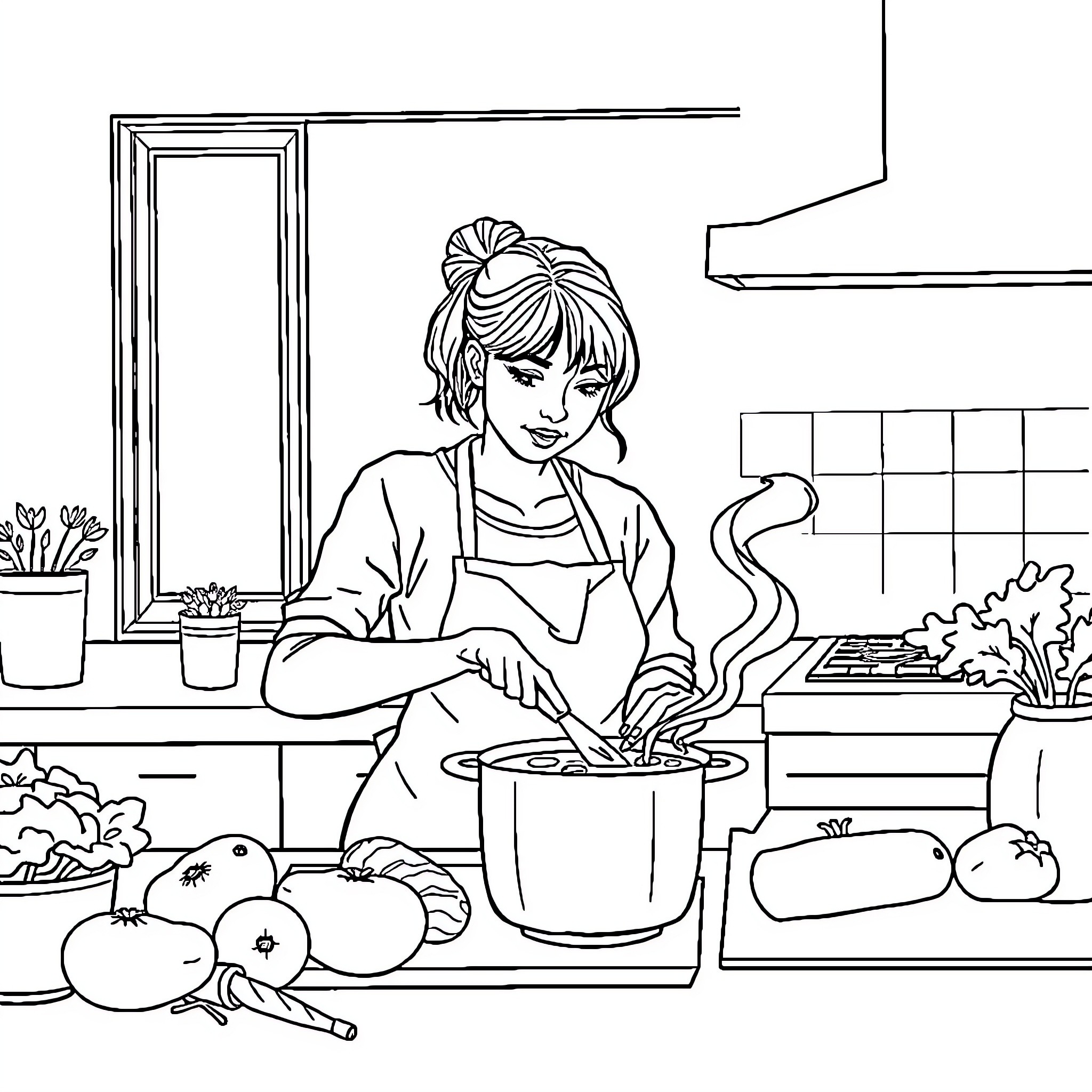 Woman preparing a meal in the kitchen Coloring Page (free black-and-white line drawing printable PDF for all, from beginners to advanced learners, including children, teens, adults, and seniors)