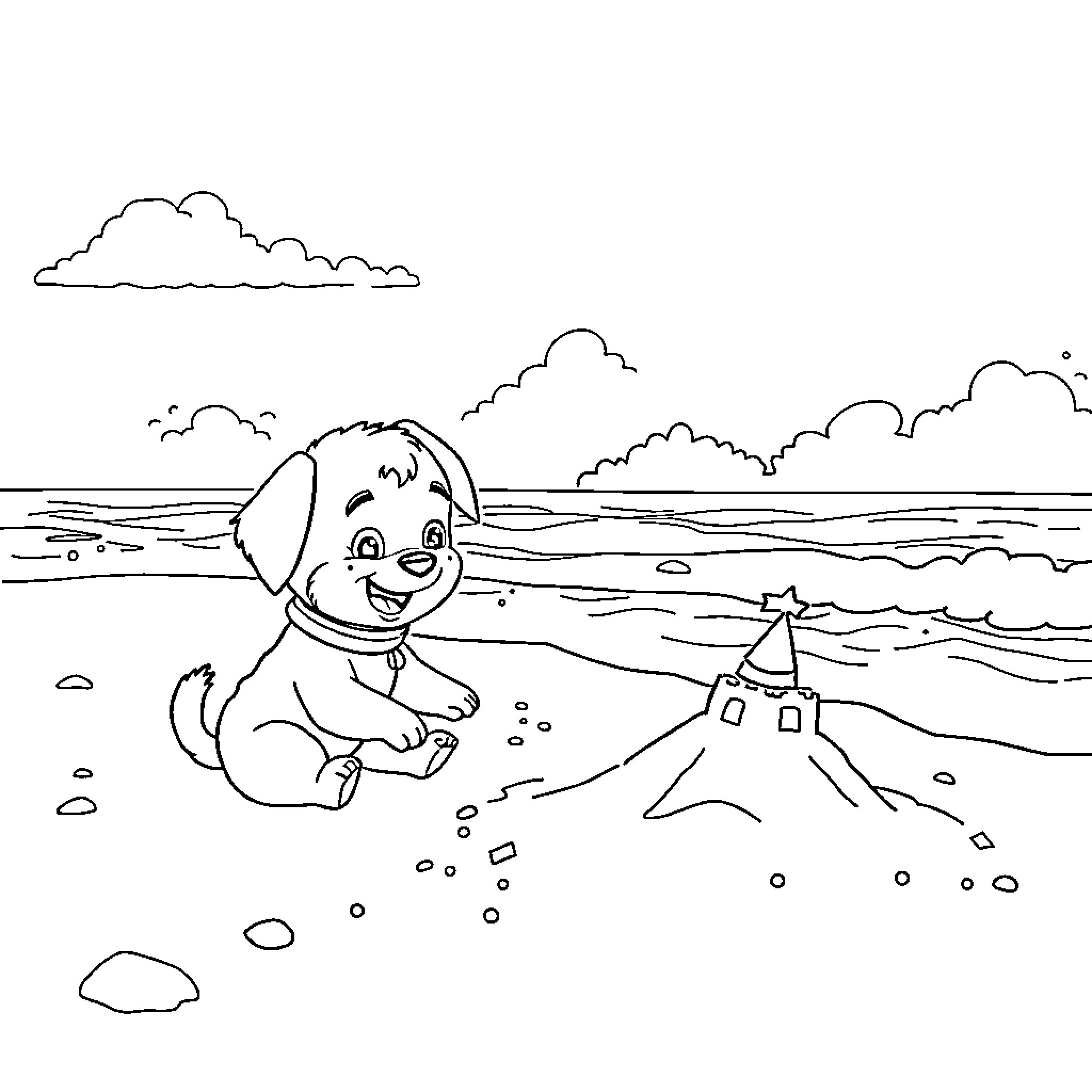 Rumi playing happily on the beach with sandcastle Coloring Page (free black-and-white line drawing printable PDF for all, from beginners to advanced learners, including children, teens, adults, and seniors)