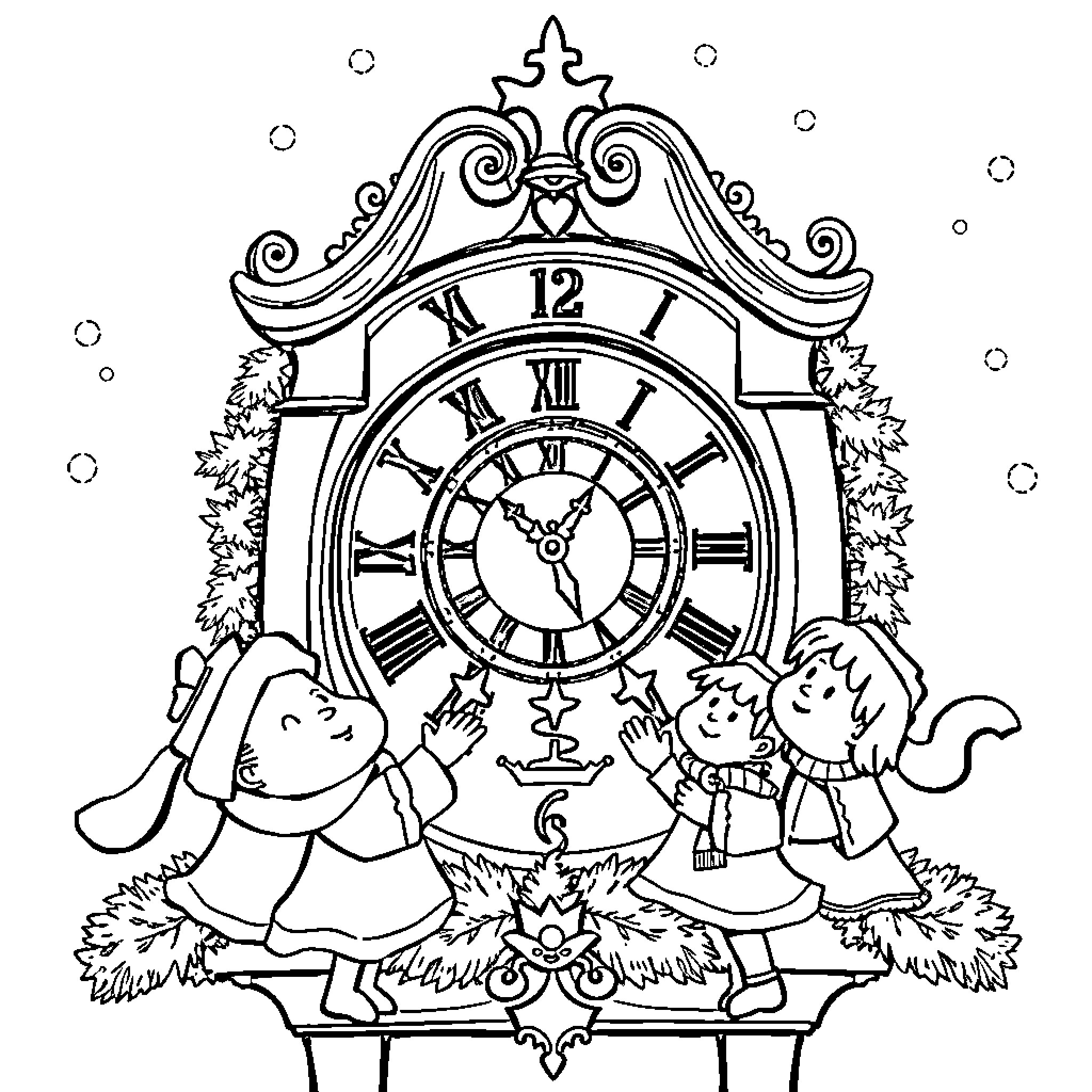 Clock with children celebrating New Year Coloring Page (free black-and-white line drawing printable PDF for all, from beginners to advanced learners, including children, teens, adults, and seniors)