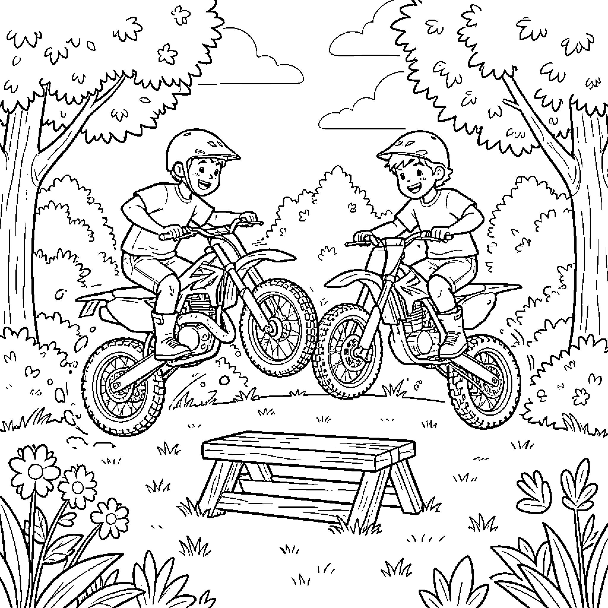 Garçon's Dirt Bike Adventure Coloring Page (free black-and-white line drawing printable PDF for all, from beginners to advanced learners, including children, teens, adults, and seniors)