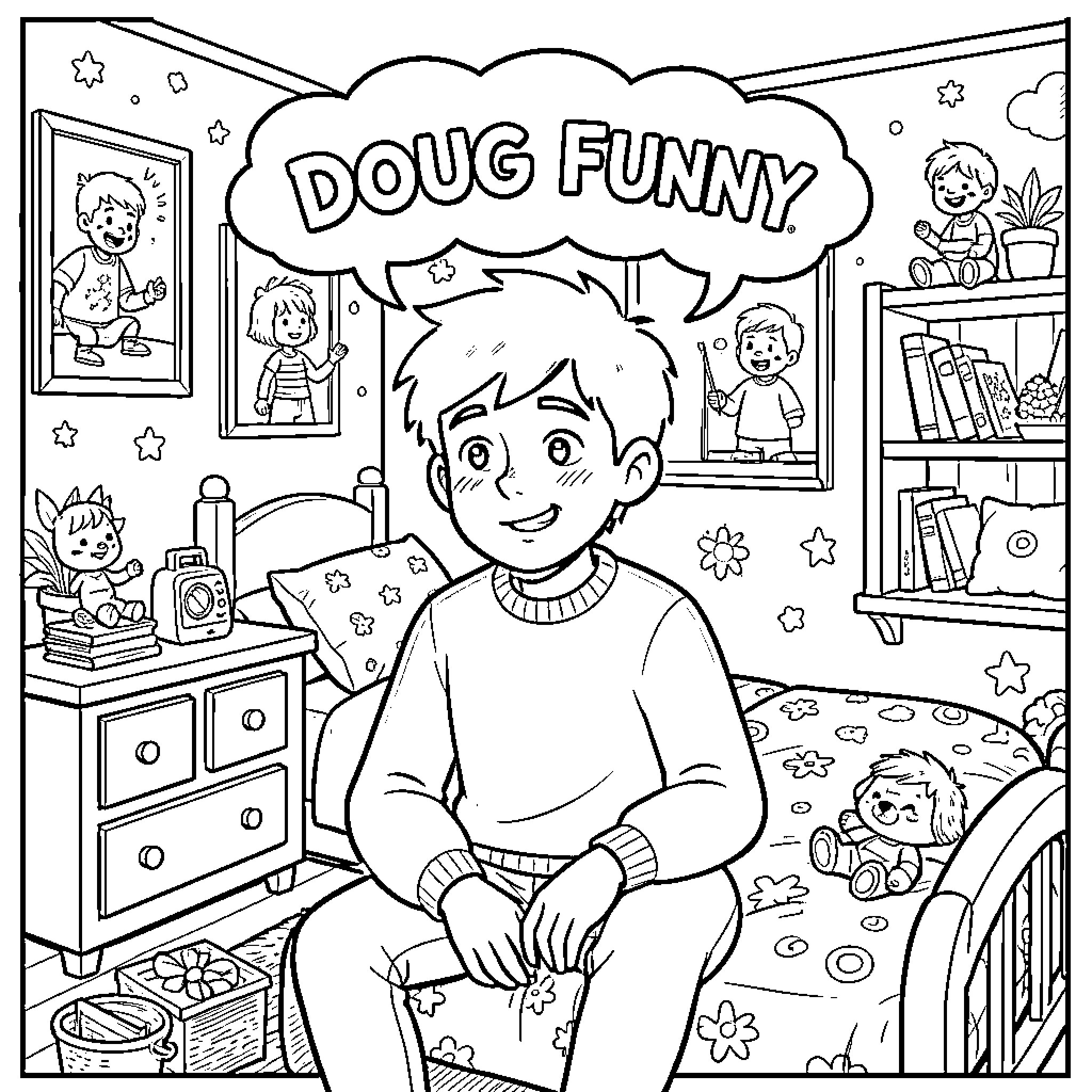 Doug's Fun Day at Home Coloring Page (free black-and-white line drawing printable PDF for all, from beginners to advanced learners, including children, teens, adults, and seniors)
