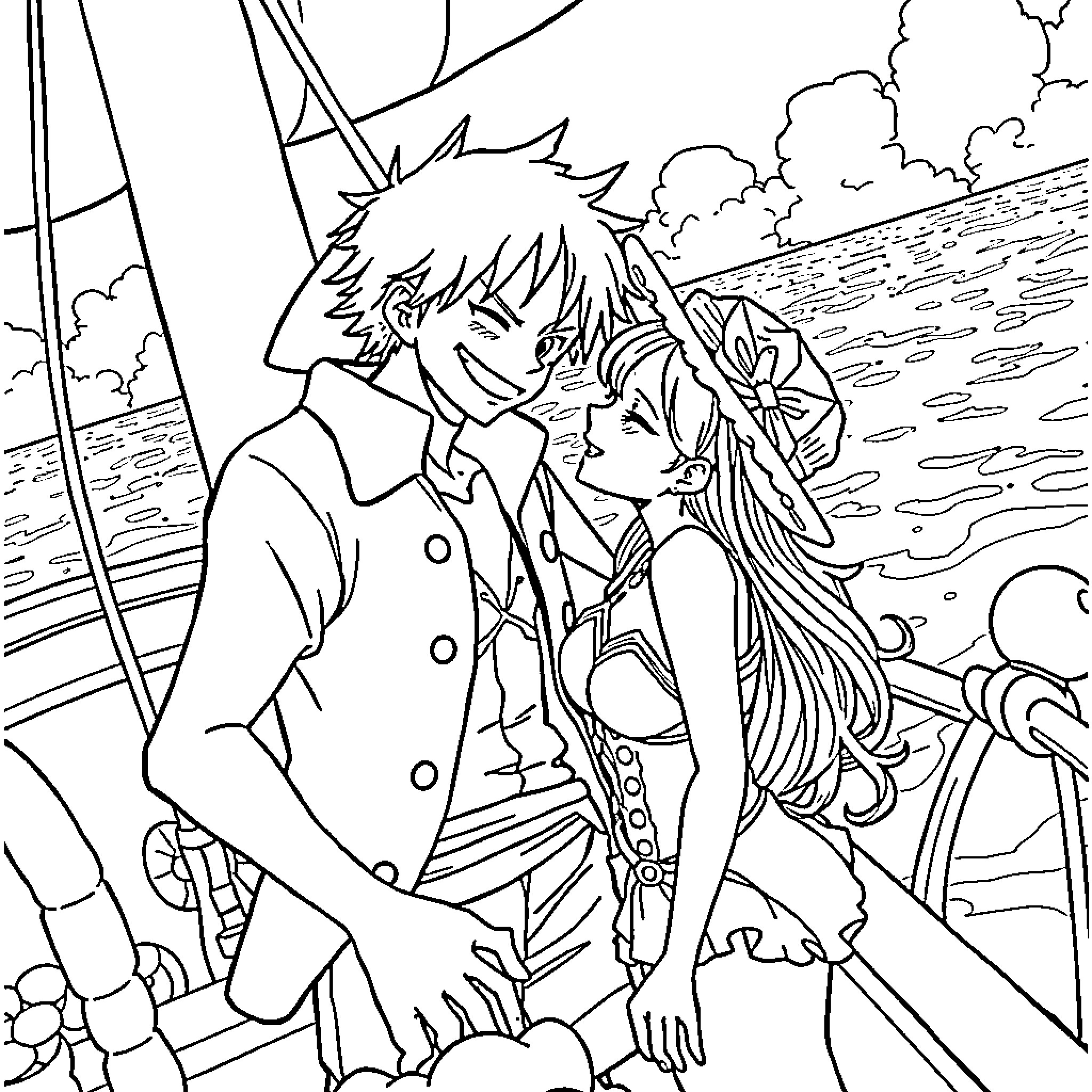 Luffy and Nami embrace on the ship's deck Coloring Page (free black-and-white line drawing printable PDF for all, from beginners to advanced learners, including children, teens, adults, and seniors)