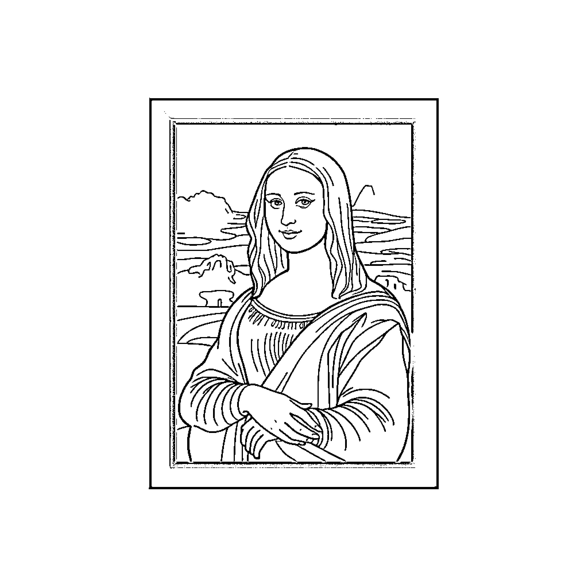 Mona Lisa portrait with serene expression Coloring Page (free black-and-white line drawing printable PDF for all, from beginners to advanced learners, including children, teens, adults, and seniors)