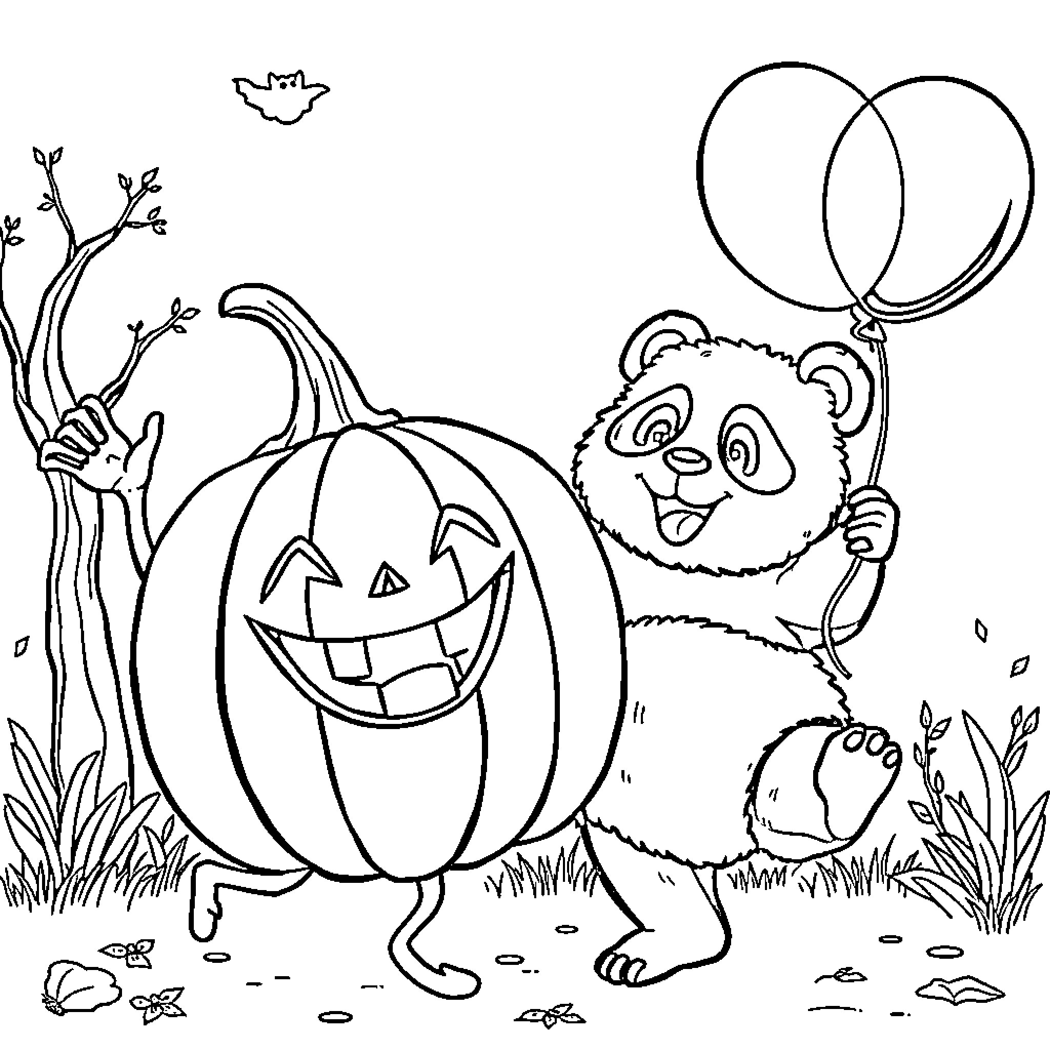 Pumpkin and Panda Play in Autumn Coloring Page (free black-and-white line drawing printable PDF for all, from beginners to advanced learners, including children, teens, adults, and seniors)