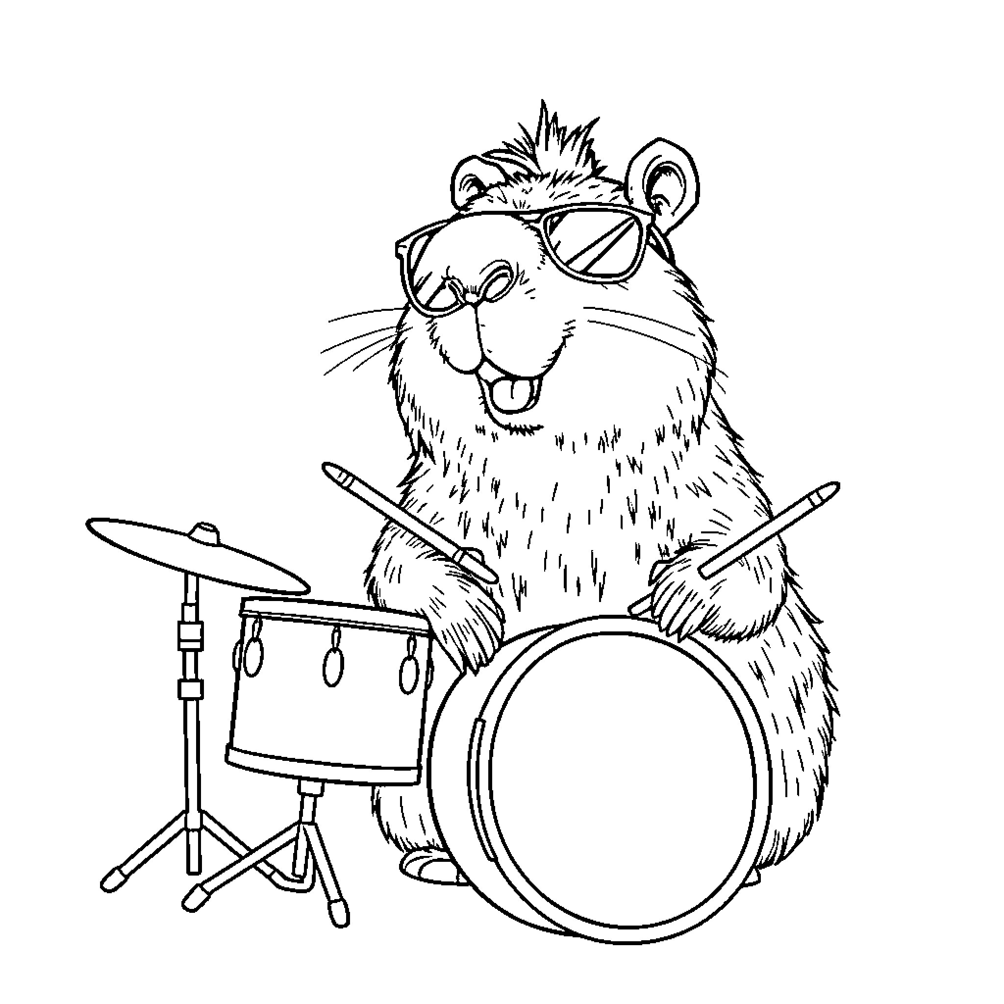 Capybara playing the drums happily Coloring Page (free black-and-white line drawing printable PDF for all, from beginners to advanced learners, including children, teens, adults, and seniors)