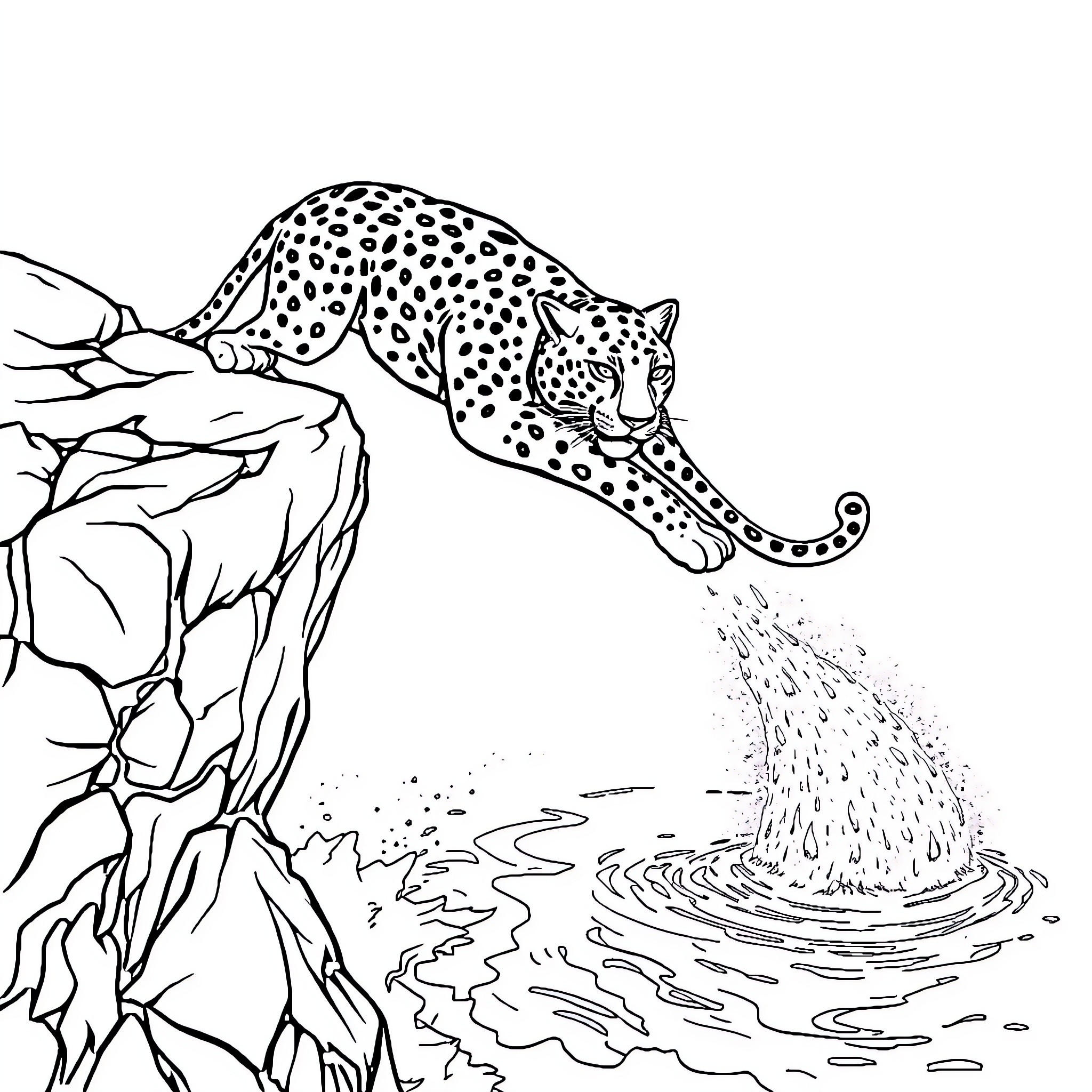Jaguar stalking its prey near a watering hole Coloring Page (free black-and-white line drawing printable PDF for all, from beginners to advanced learners, including children, teens, adults, and seniors)