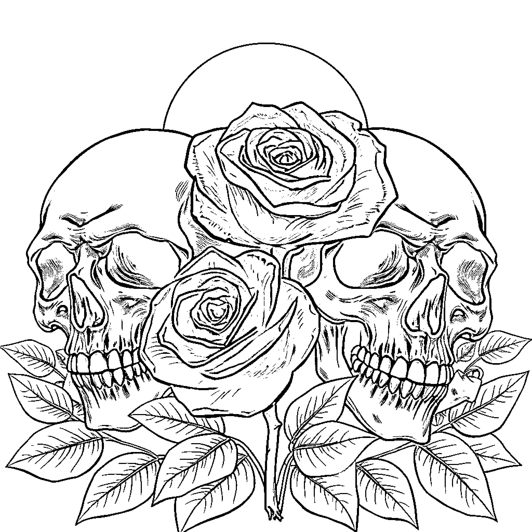 Rose Blooms with Skulls in Ethereal Scene Coloring Page (free black-and-white line drawing printable PDF for all, from beginners to advanced learners, including children, teens, adults, and seniors)