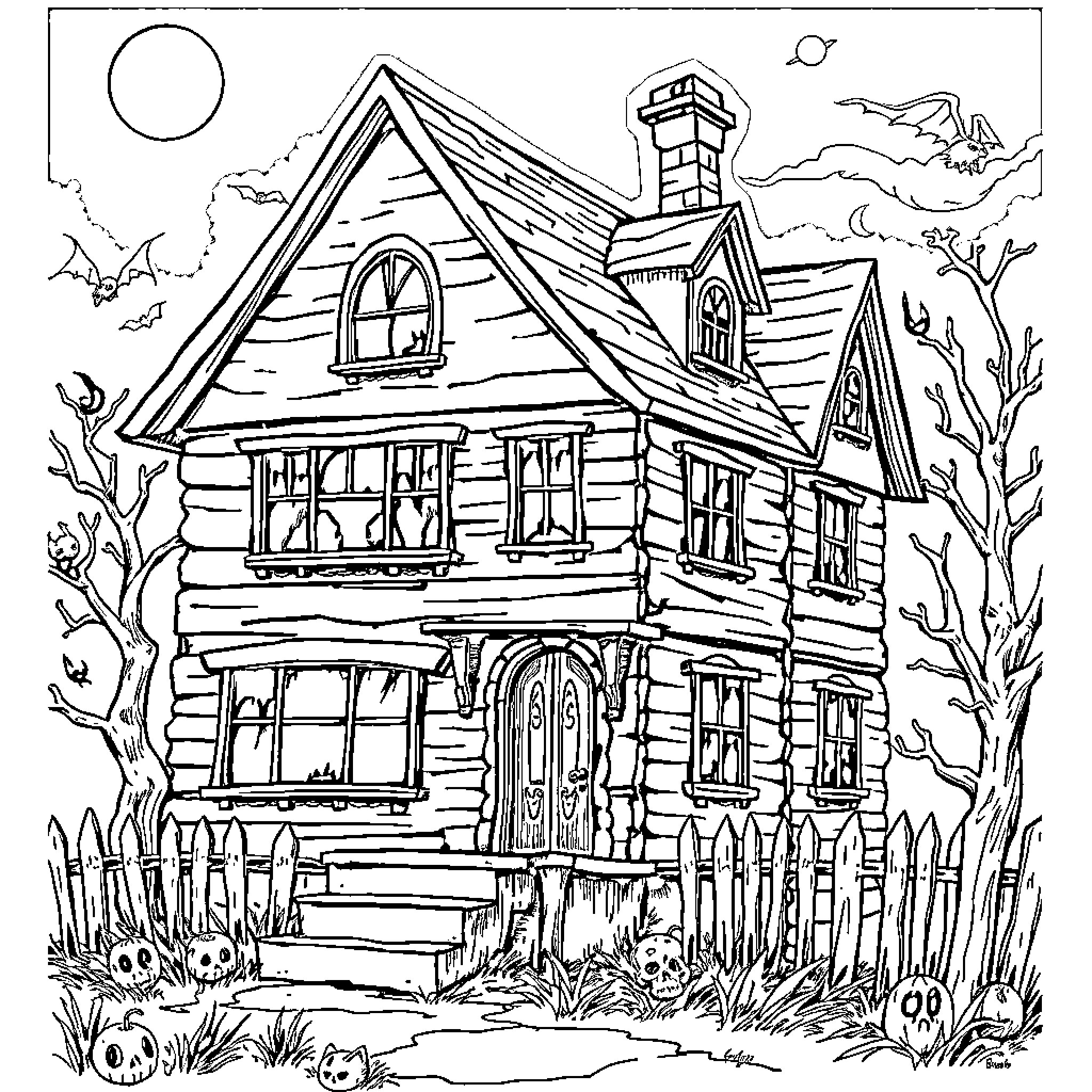 Haunted House with Eerie Atmosphere and Spooky Details Coloring Page (free black-and-white line drawing printable PDF for all, from beginners to advanced learners, including children, teens, adults, and seniors)