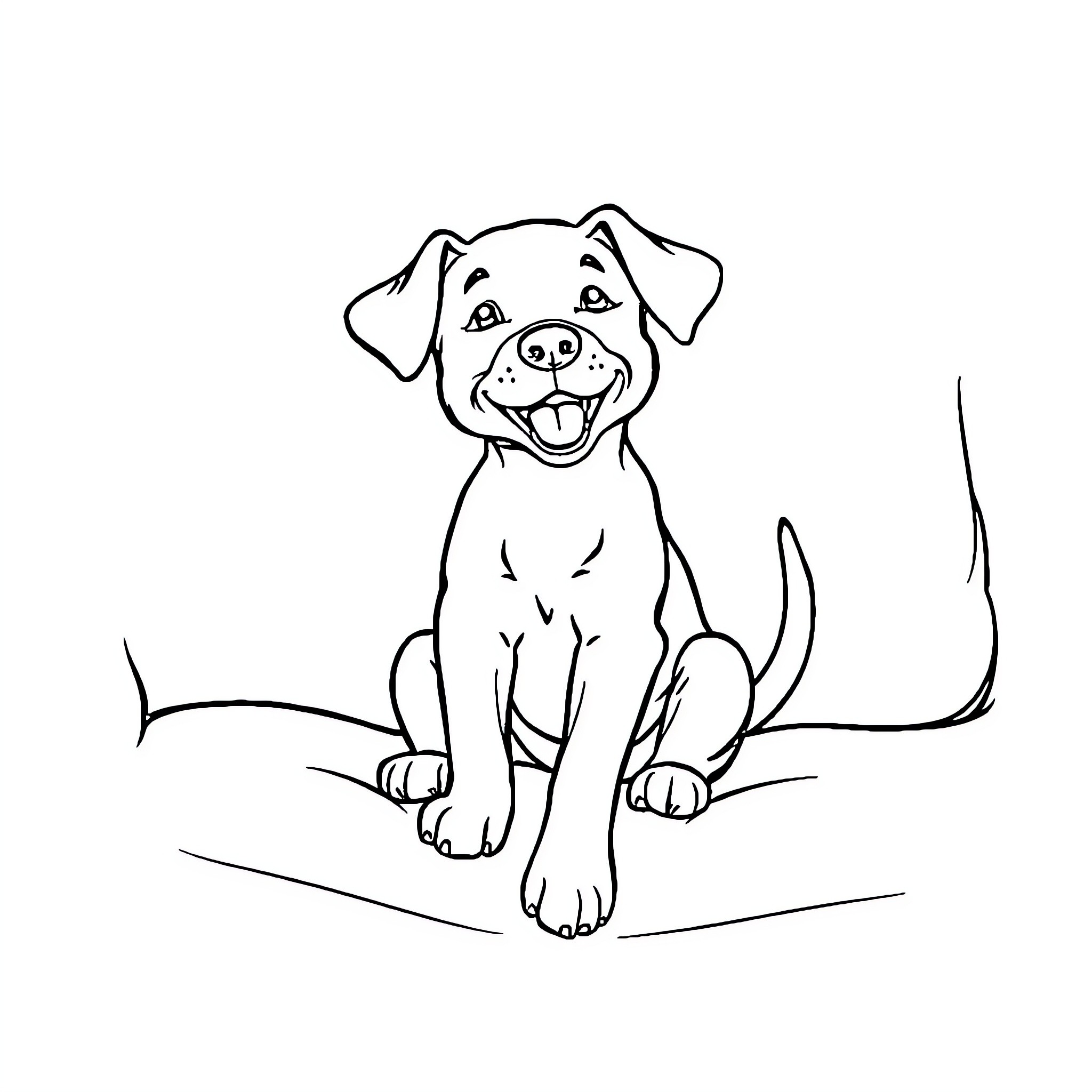 Puppy sitting happily on the ground Coloring Page (free black-and-white line drawing printable PDF for all, from beginners to advanced learners, including children, teens, adults, and seniors)