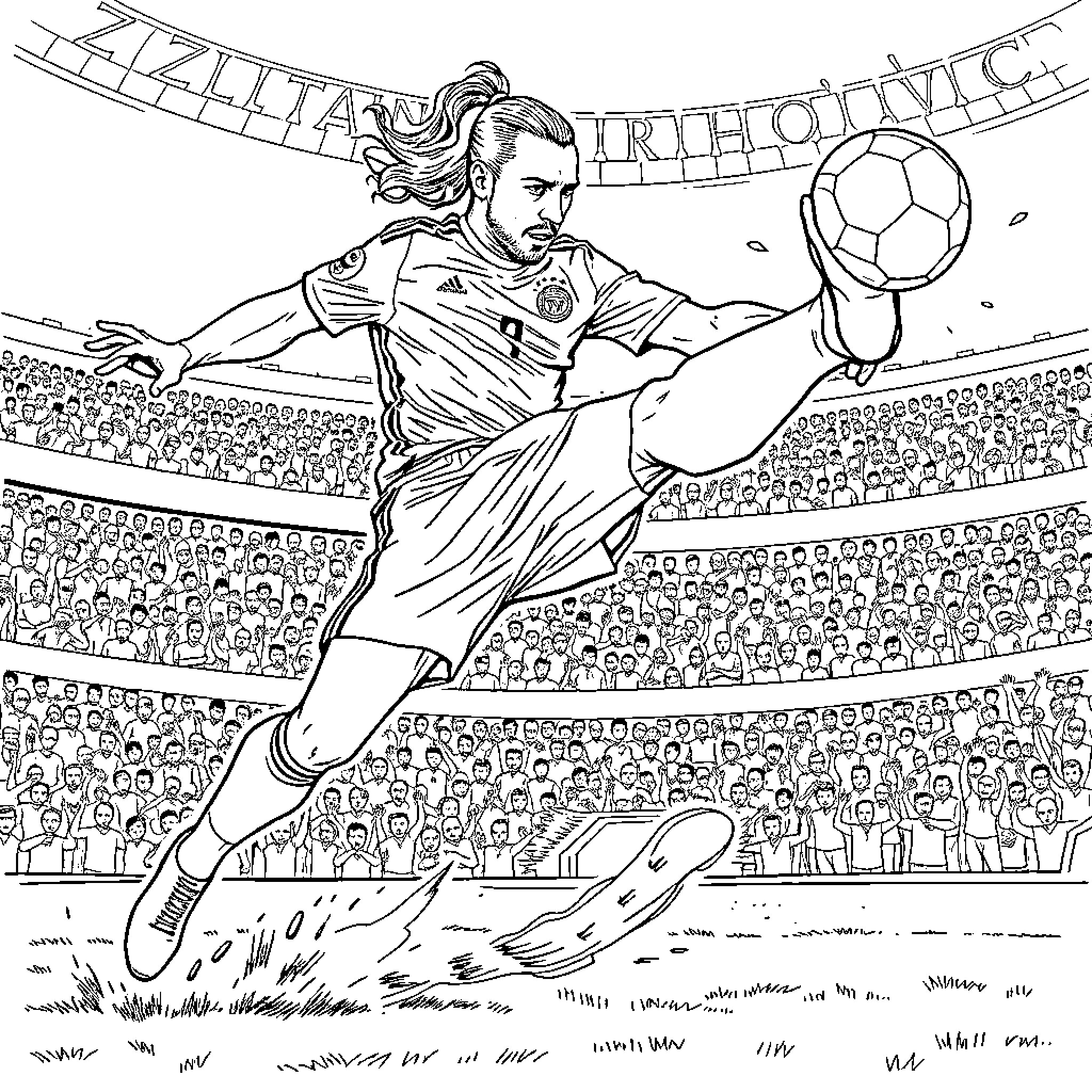 Zlatan Ibrahimovic kicking a soccer ball in a stadium Coloring Page (free black-and-white line drawing printable PDF for all, from beginners to advanced learners, including children, teens, adults, and seniors)