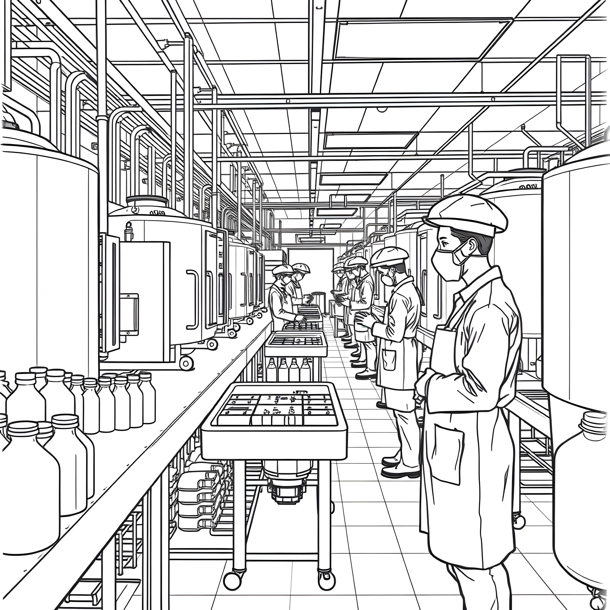 Hygiene Practices in an Industrial Facility Coloring Page (free black-and-white line drawing printable PDF for all, from beginners to advanced learners, including children, teens, adults, and seniors)