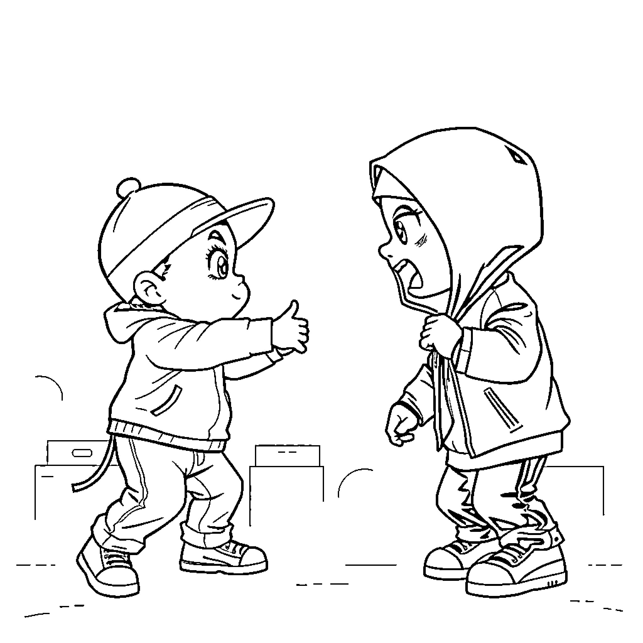 Baby Saja meeting another child in the rain Coloring Page (free black-and-white line drawing printable PDF for all, from beginners to advanced learners, including children, teens, adults, and seniors)