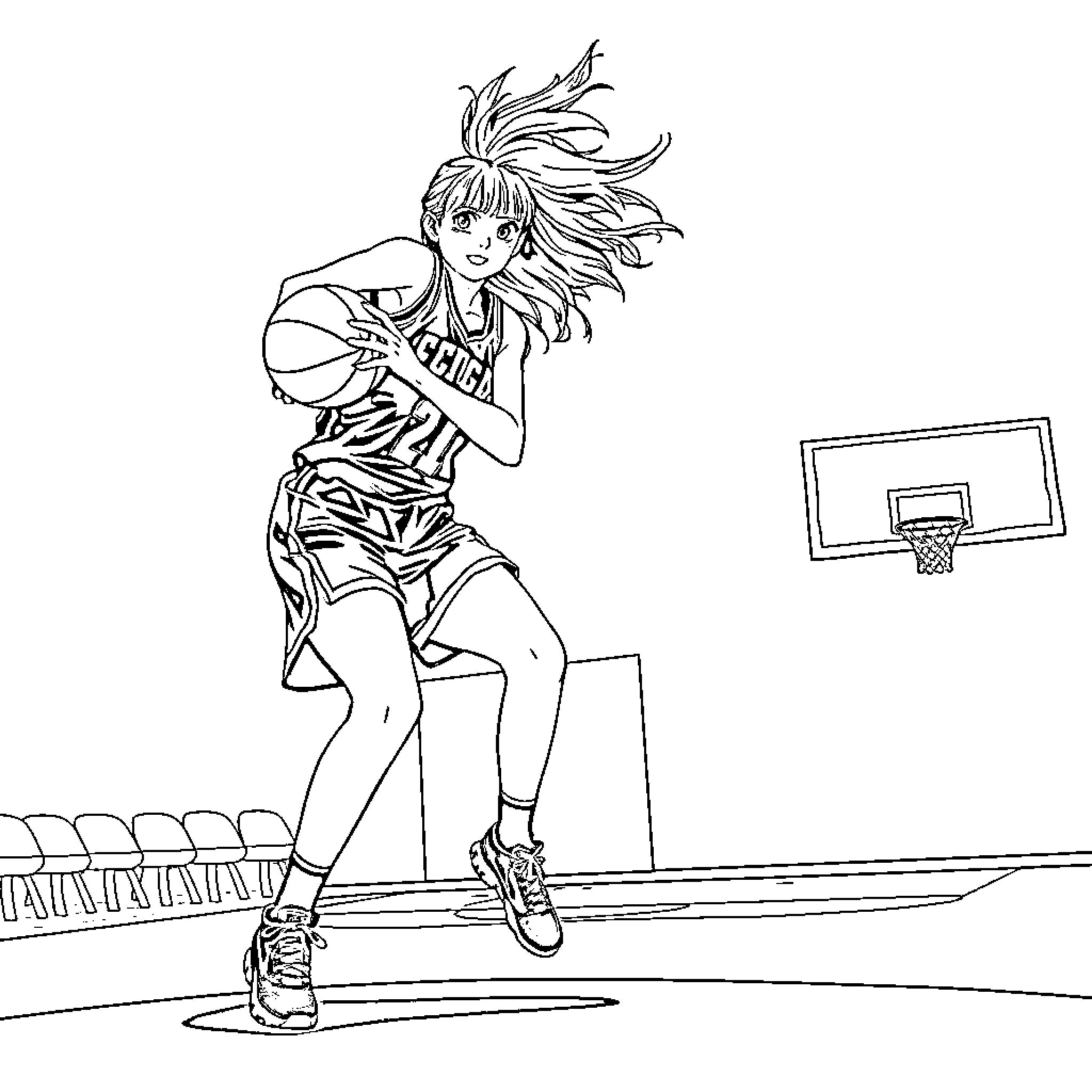 Asuka Langley Playing Basketball on the Court Coloring Page (free black-and-white line drawing printable PDF for all, from beginners to advanced learners, including children, teens, adults, and seniors)