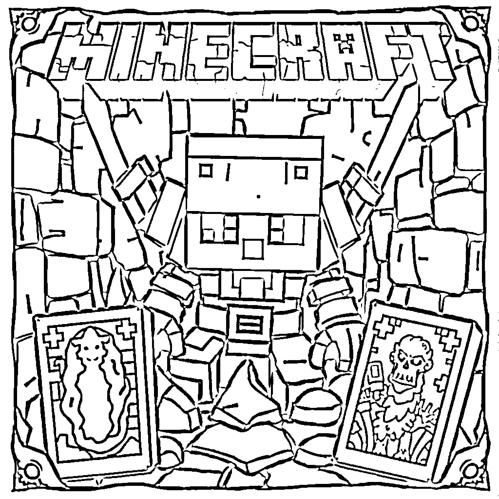 Minecraft Dungeon Exploration and Discovery Coloring Page (free black-and-white line drawing printable PDF for all, from beginners to advanced learners, including children, teens, adults, and seniors)