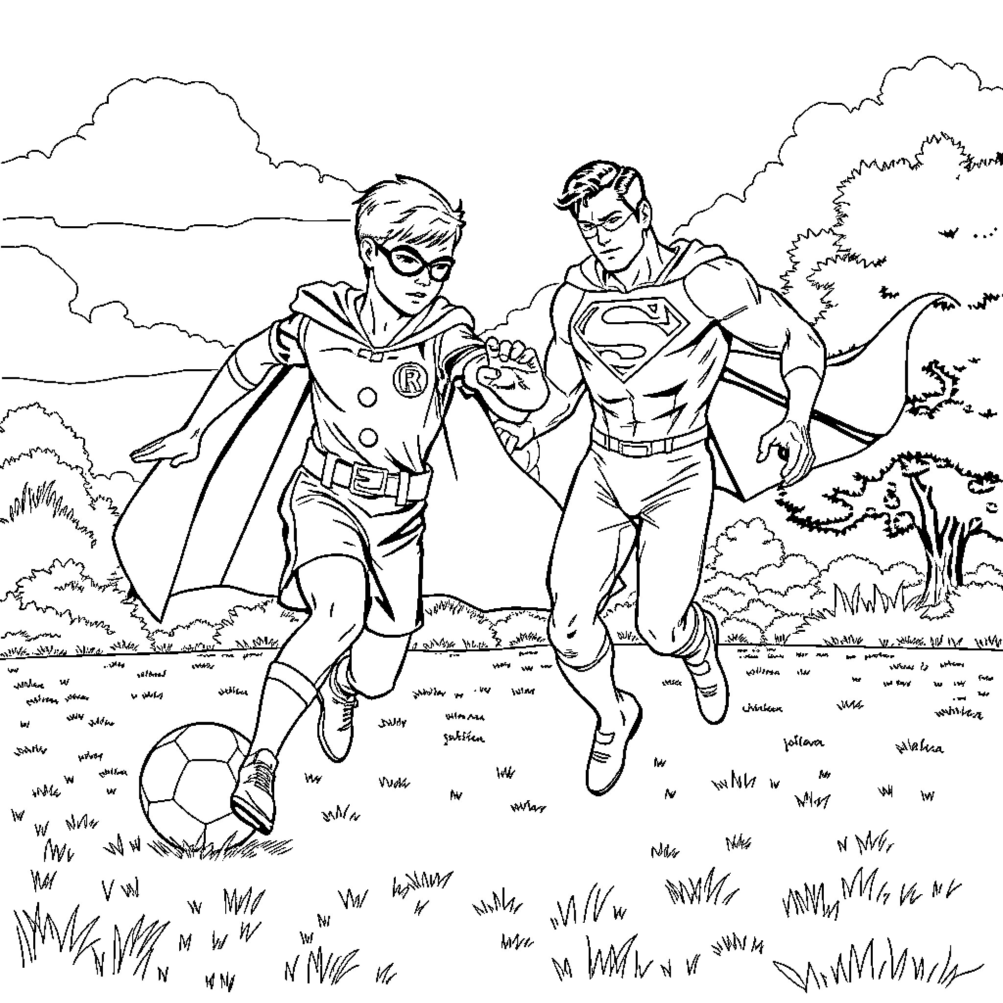 Robin and Superman playing soccer in the park Coloring Page (free black-and-white line drawing printable PDF for all, from beginners to advanced learners, including children, teens, adults, and seniors)