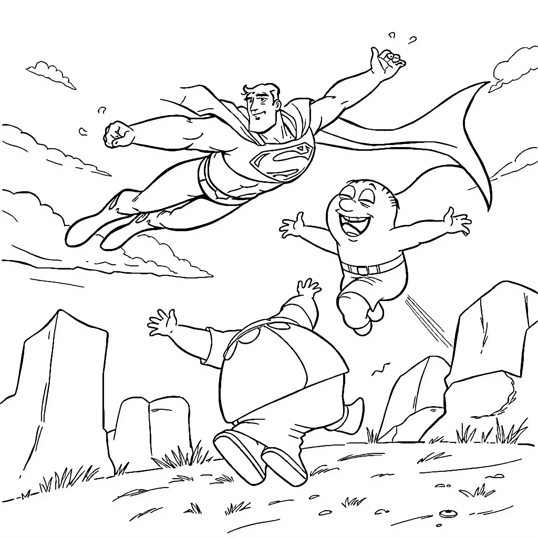 Superman Soaring Above with Excited Friend Coloring Page (free black-and-white line drawing printable PDF for all, from beginners to advanced learners, including children, teens, adults, and seniors)