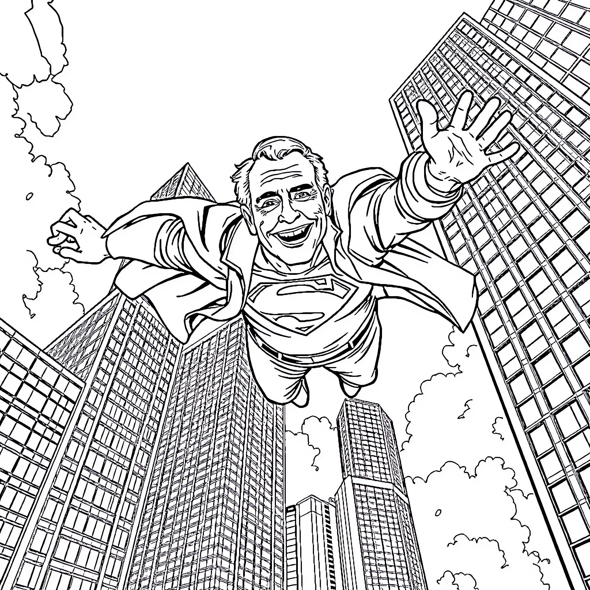 Elderly Man Soaring Through the City Skyline Coloring Page (free black-and-white line drawing printable PDF for all, from beginners to advanced learners, including children, teens, adults, and seniors)