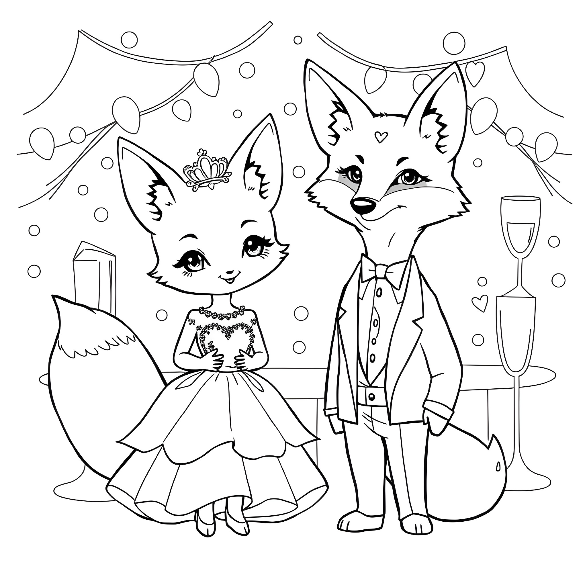 Fox couple in formal attire at party Coloring Page (free black-and-white line drawing printable PDF for all, from beginners to advanced learners, including children, teens, adults, and seniors)