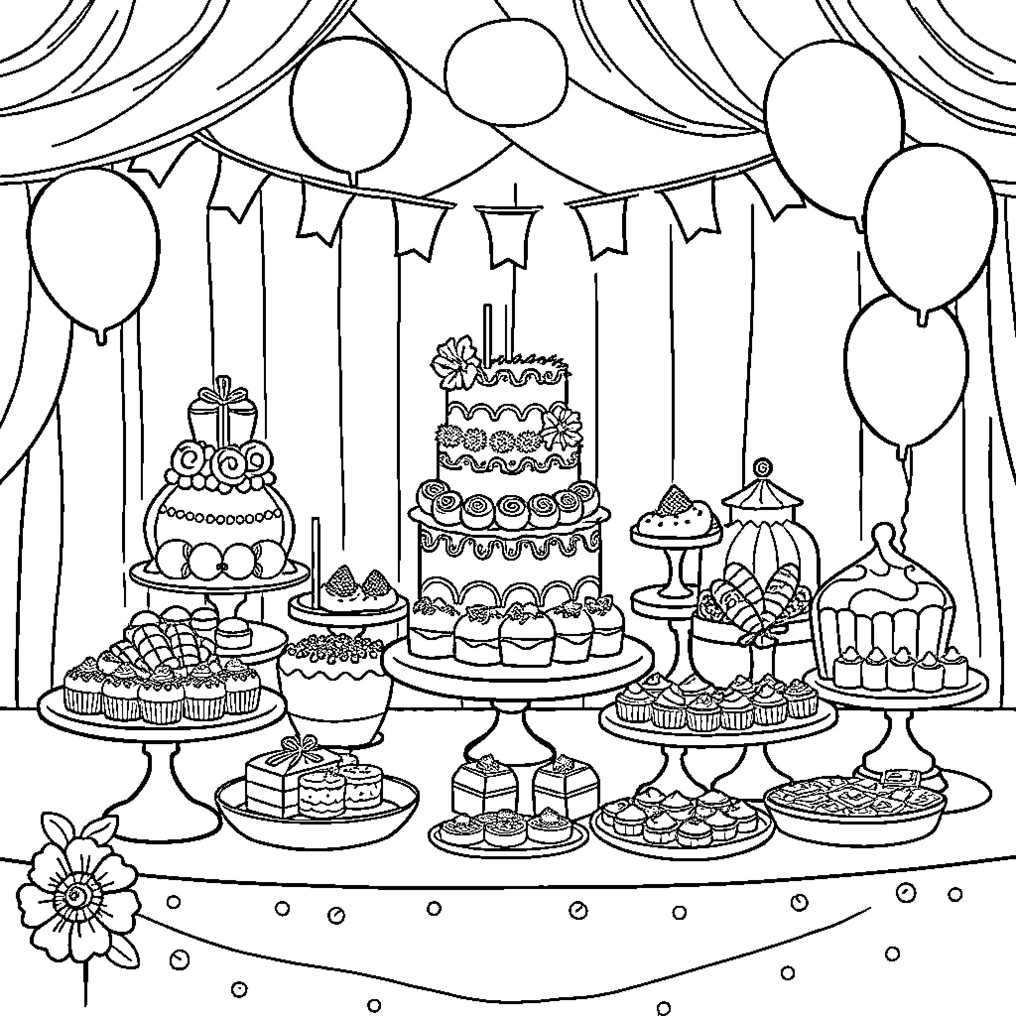 Dessert Party with Festive Decorations Coloring Page (free black-and-white line drawing printable PDF for all, from beginners to advanced learners, including children, teens, adults, and seniors)