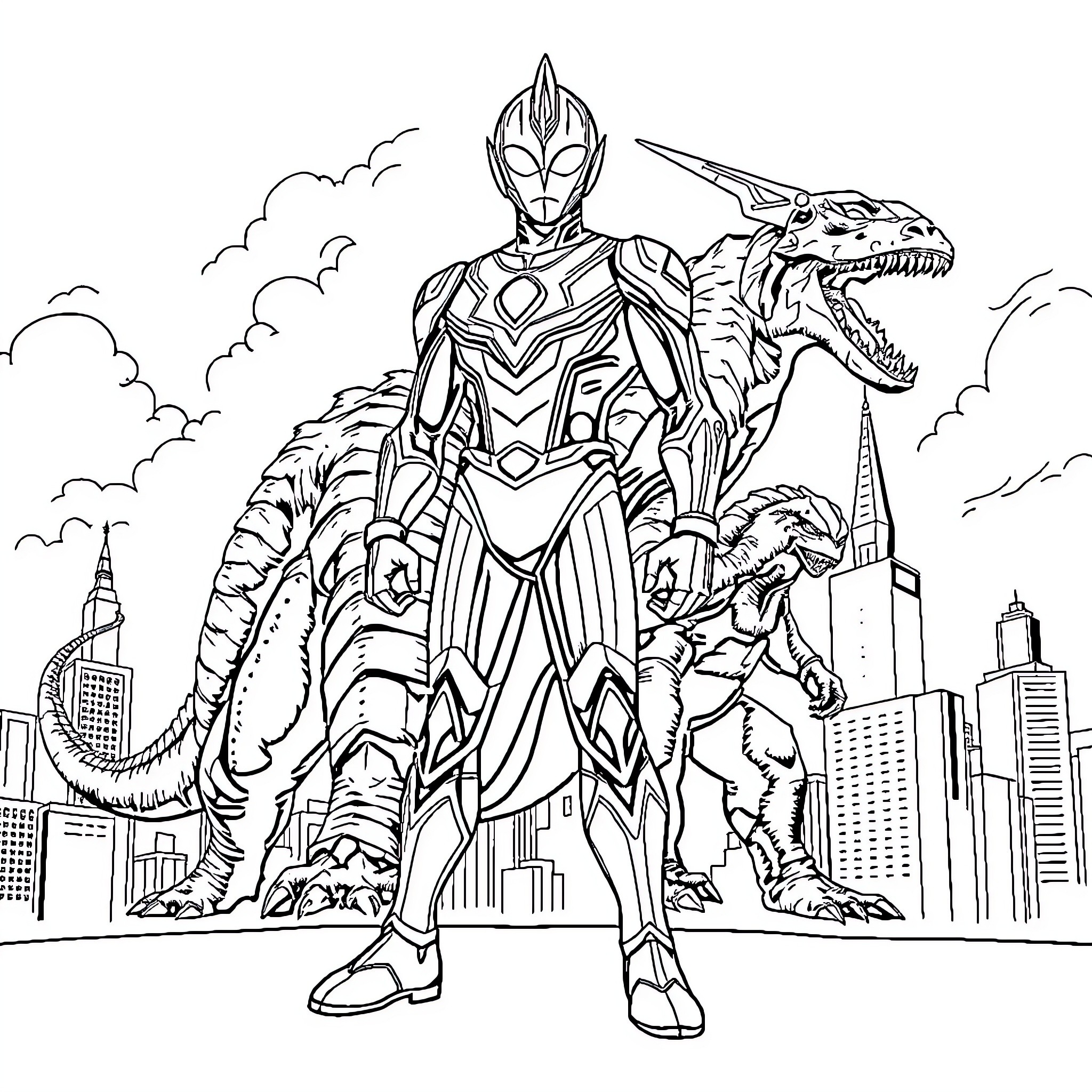 Ultraman battling with monstrous creatures in the city Coloring Page (free black-and-white line drawing printable PDF for all, from beginners to advanced learners, including children, teens, adults, and seniors)