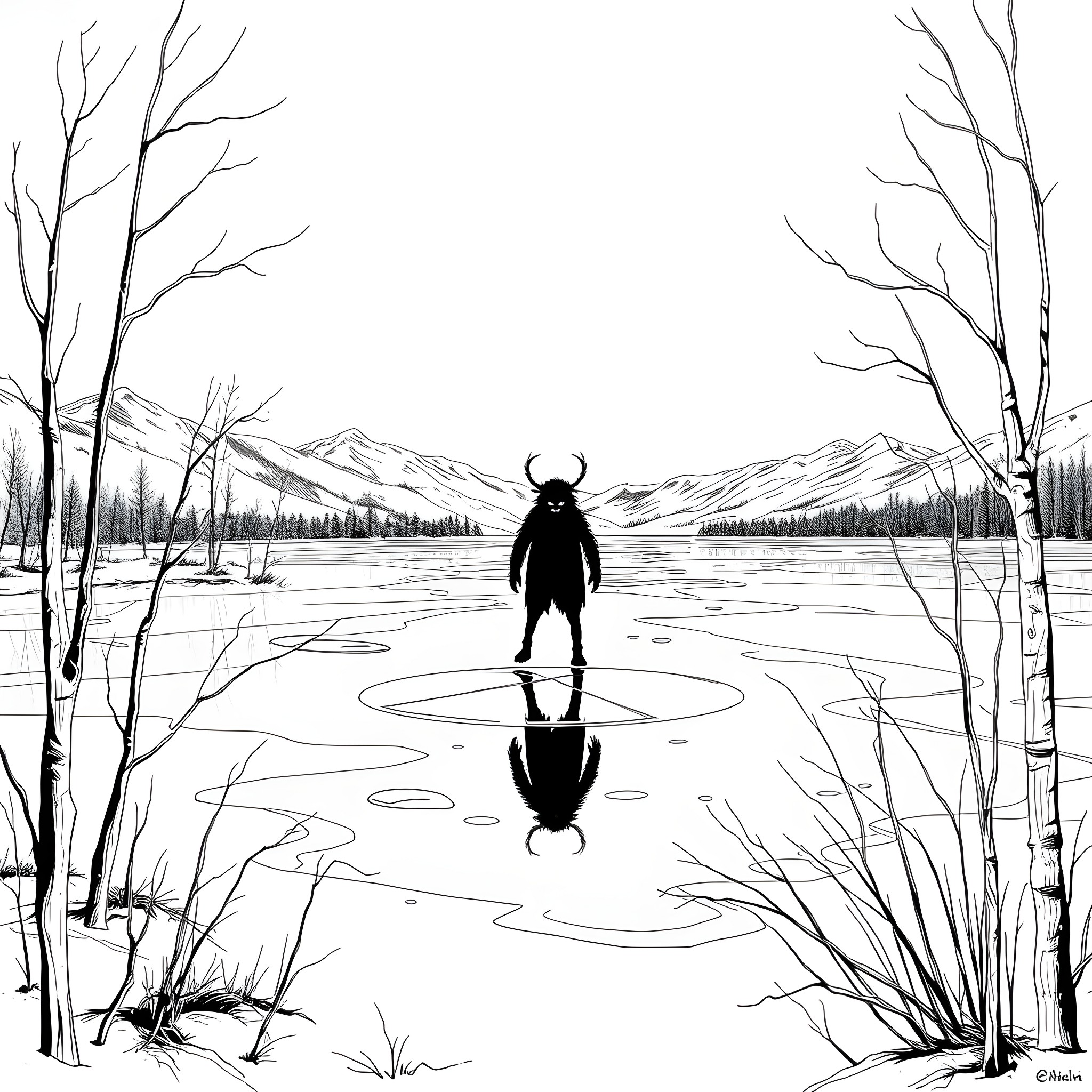 Wendigo emerging from the frozen lake Coloring Page (free black-and-white line drawing printable PDF for all, from beginners to advanced learners, including children, teens, adults, and seniors)