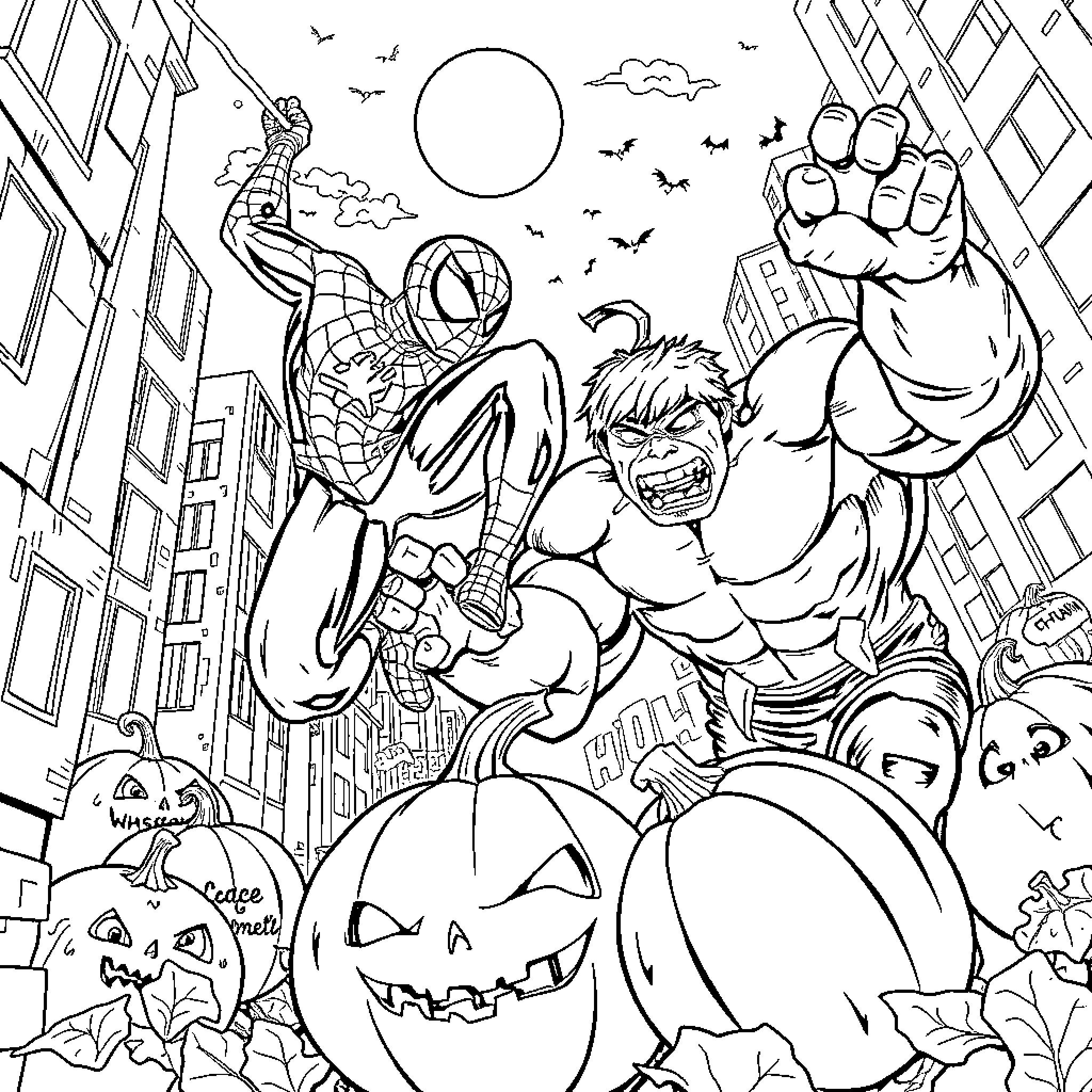 Spider-Man fights villains in the city Coloring Page (free black-and-white line drawing printable PDF for all, from beginners to advanced learners, including children, teens, adults, and seniors)