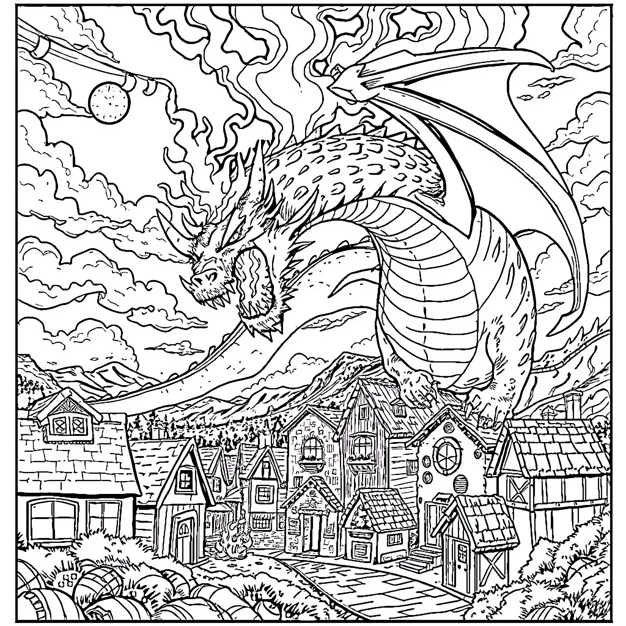 Dragon wreaking havoc over a medieval village Coloring Page (free black-and-white line drawing printable PDF for all, from beginners to advanced learners, including children, teens, adults, and seniors)