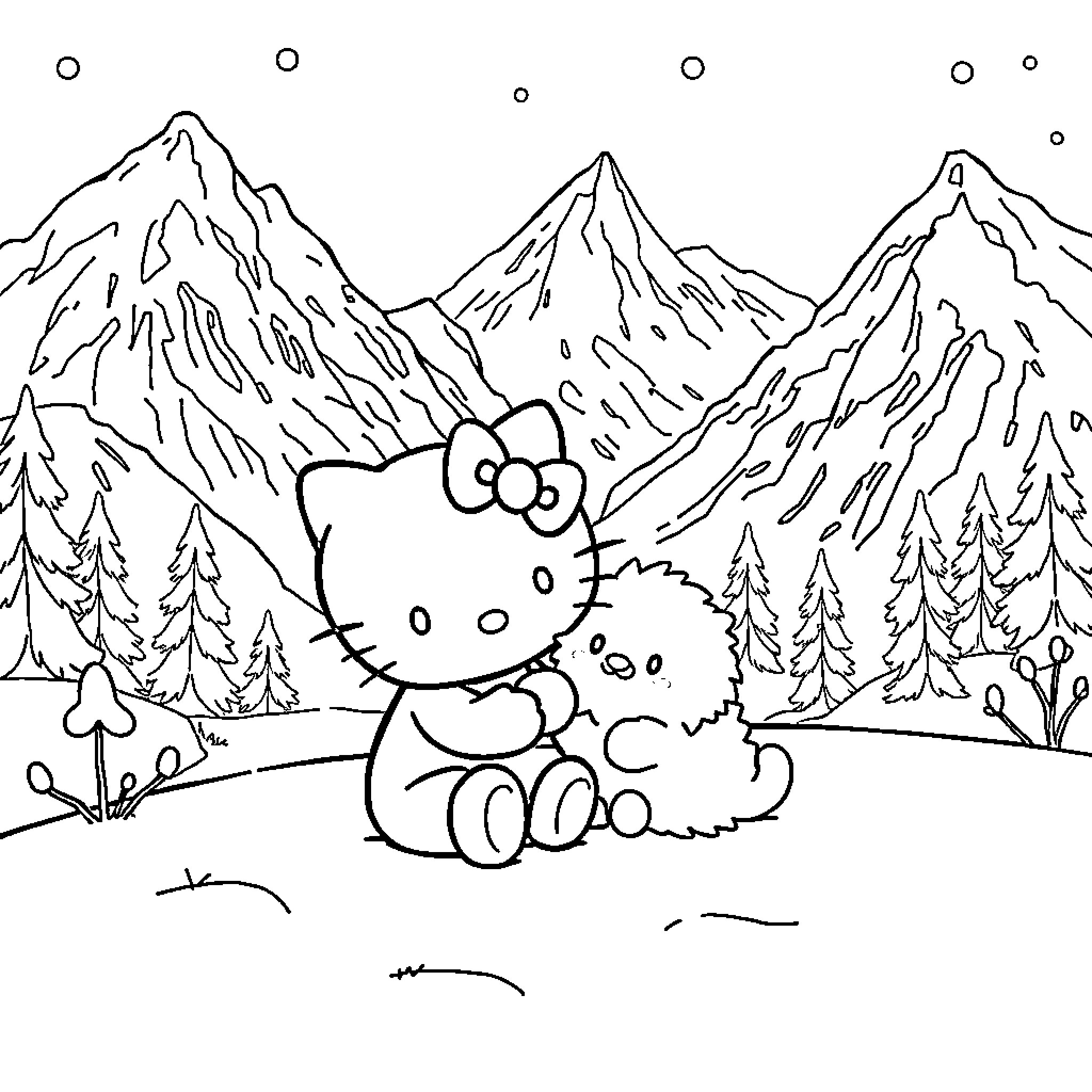 Hello Kitty enjoying a snowy mountain landscape Coloring Page (free black-and-white line drawing printable PDF for all, from beginners to advanced learners, including children, teens, adults, and seniors)