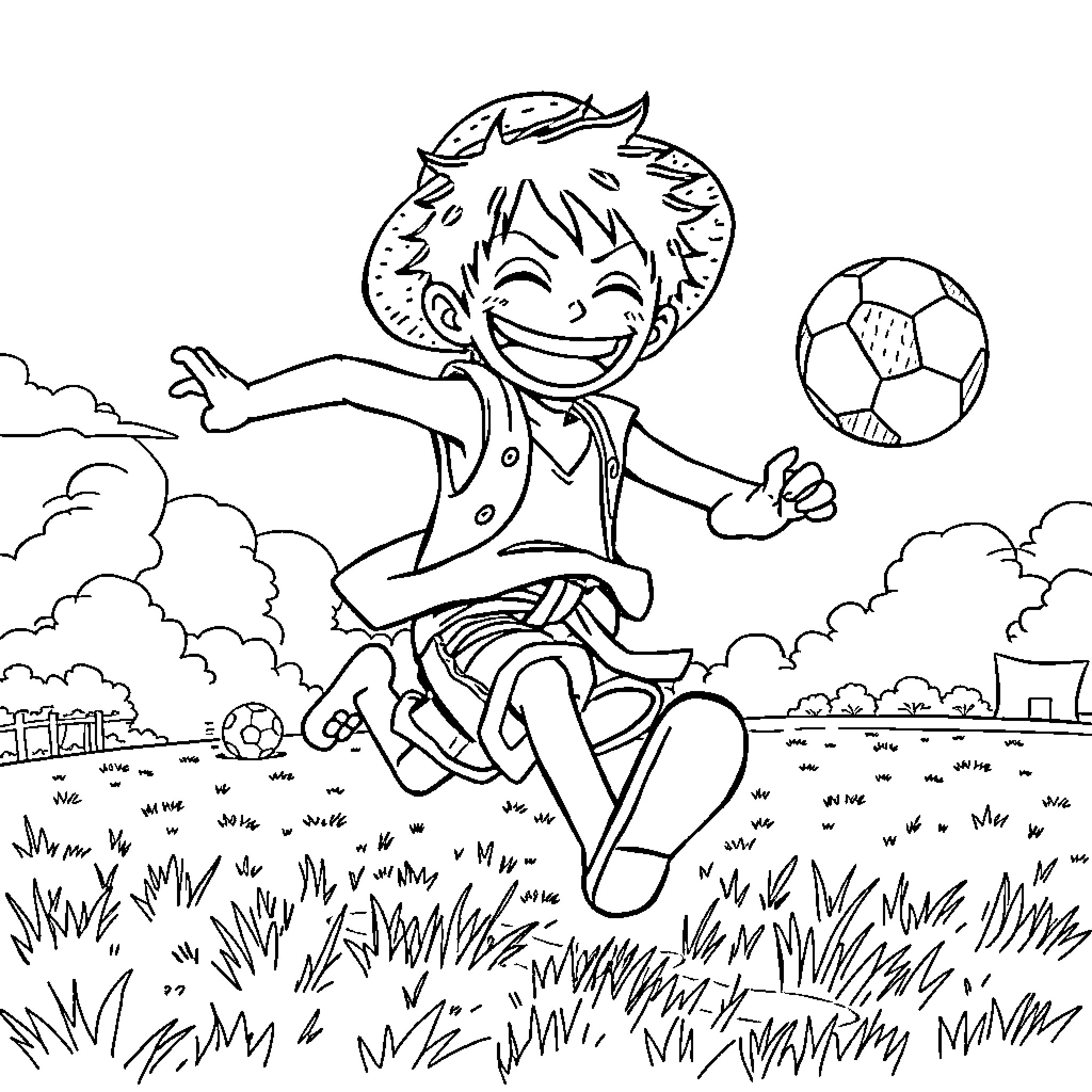 Monkey D Luffy playing joyfully with a soccer ball Coloring Page (free black-and-white line drawing printable PDF for all, from beginners to advanced learners, including children, teens, adults, and seniors)