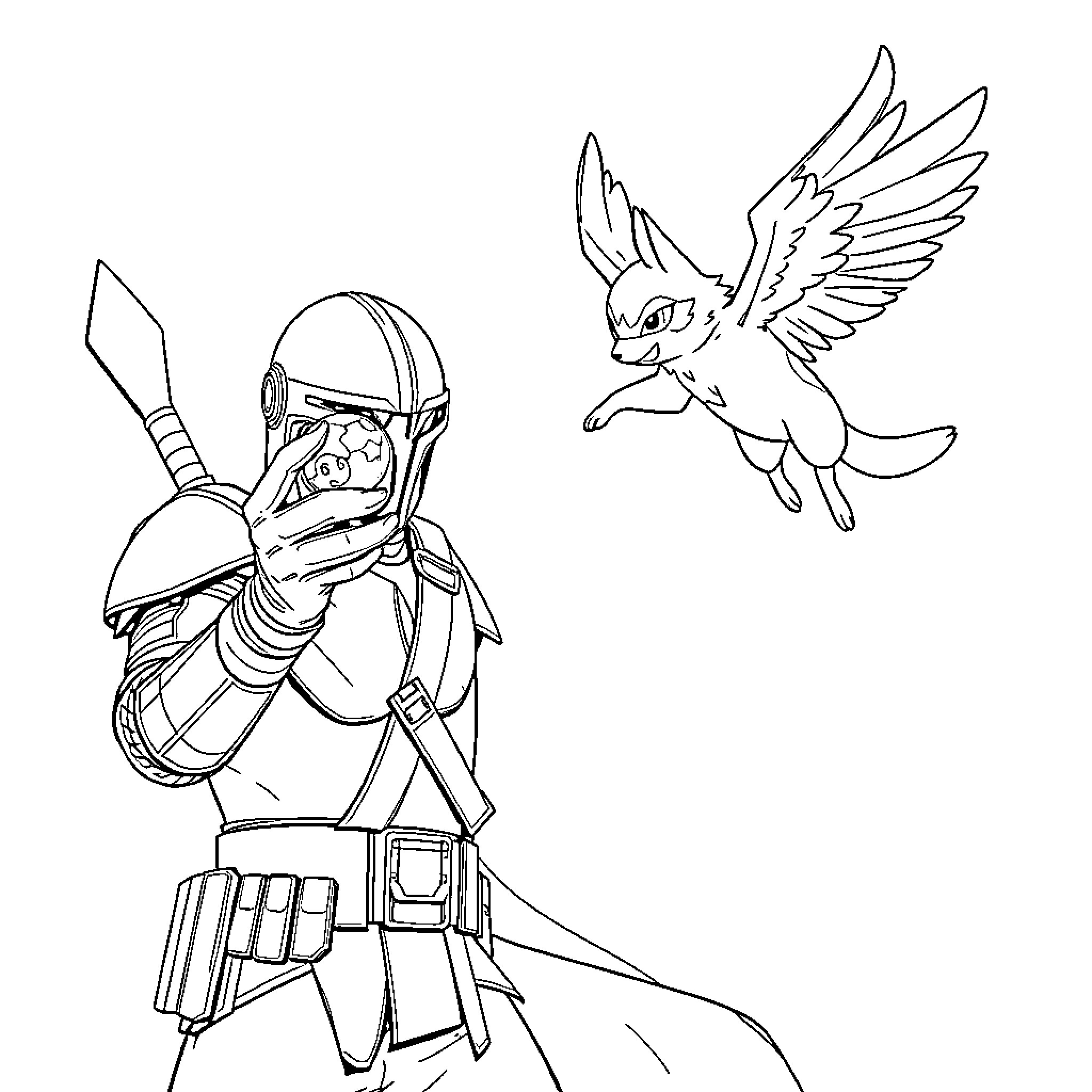 Mandalorian warrior confronting a winged creature Coloring Page (free black-and-white line drawing printable PDF for all, from beginners to advanced learners, including children, teens, adults, and seniors)