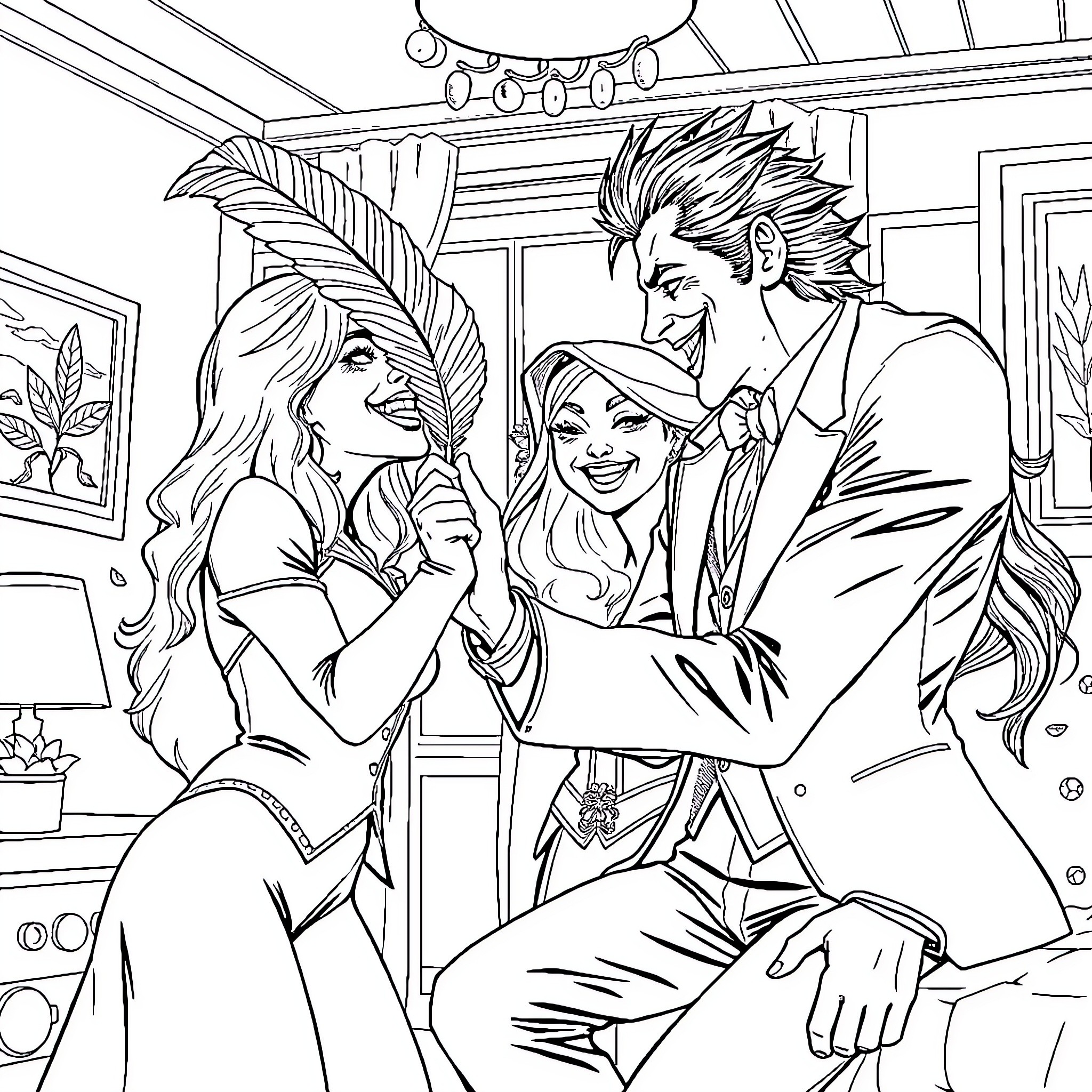 Joker's Charismatic Gathering in Cozy Setting Coloring Page (free black-and-white line drawing printable PDF for all, from beginners to advanced learners, including children, teens, adults, and seniors)