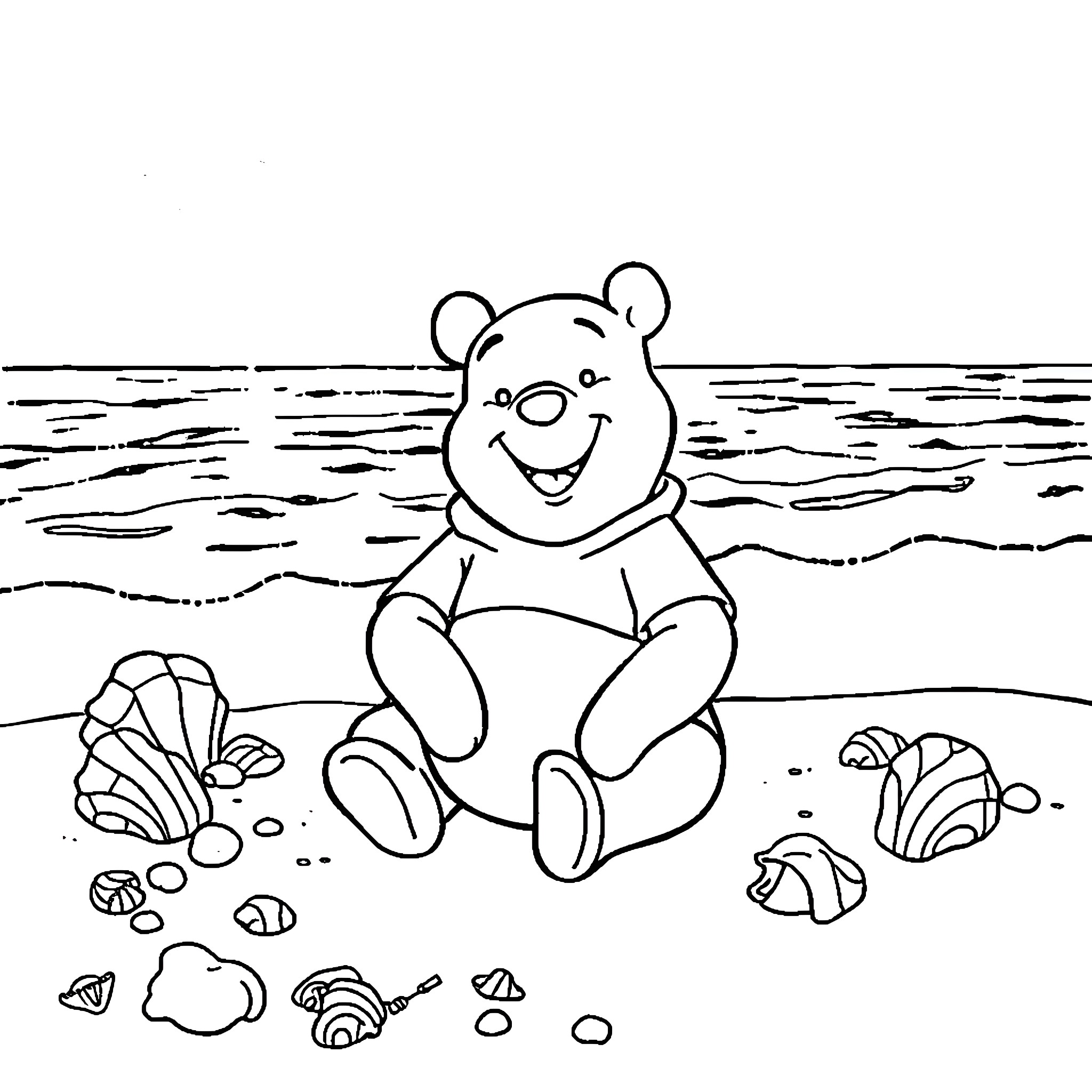 Winnie The Pooh enjoying a day at the beach Coloring Page (free black-and-white line drawing printable PDF for all, from beginners to advanced learners, including children, teens, adults, and seniors)