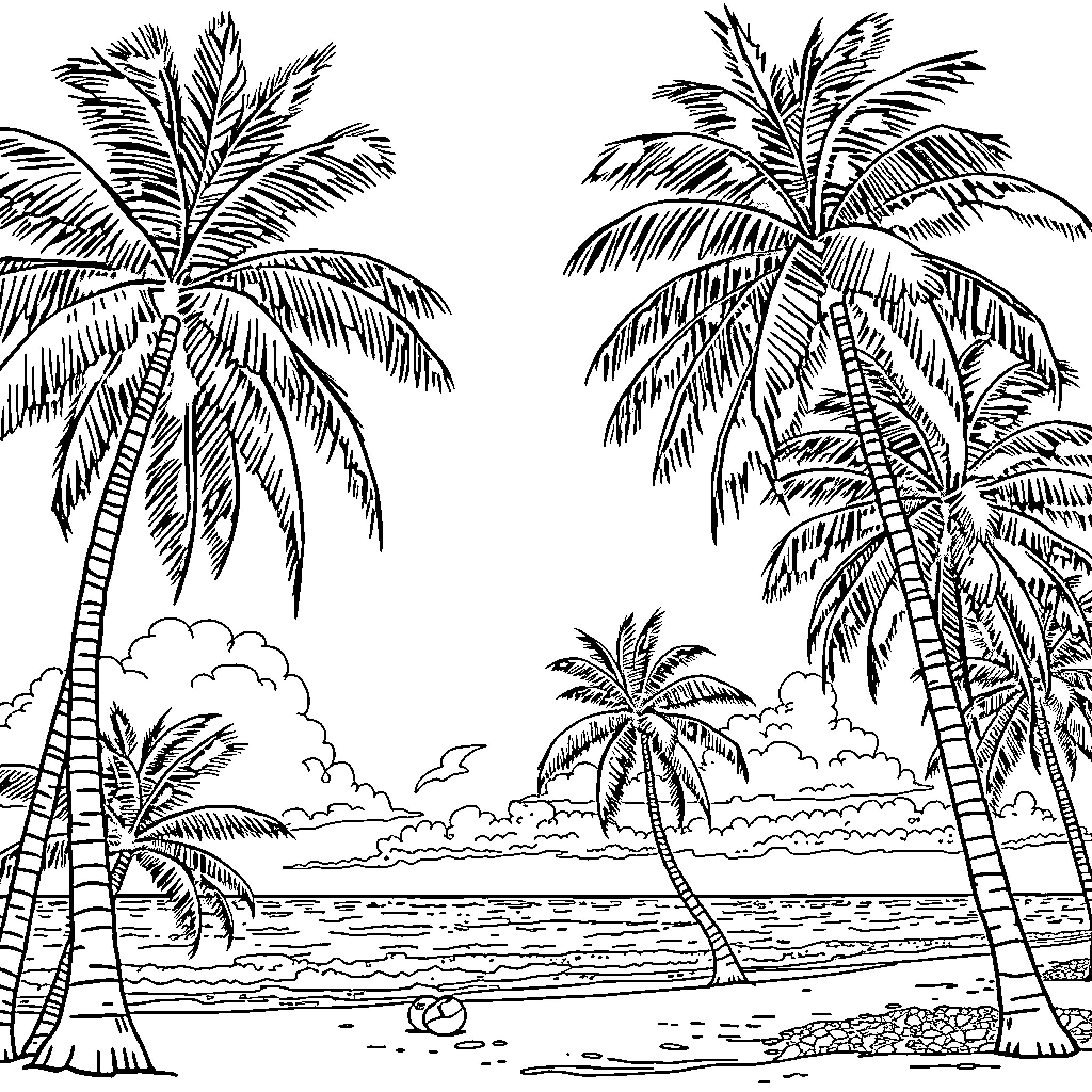 Palmera - Serene tropical paradise with swaying palm trees Coloring Page (free black-and-white line drawing printable PDF for all, from beginners to advanced learners, including children, teens, adults, and seniors)