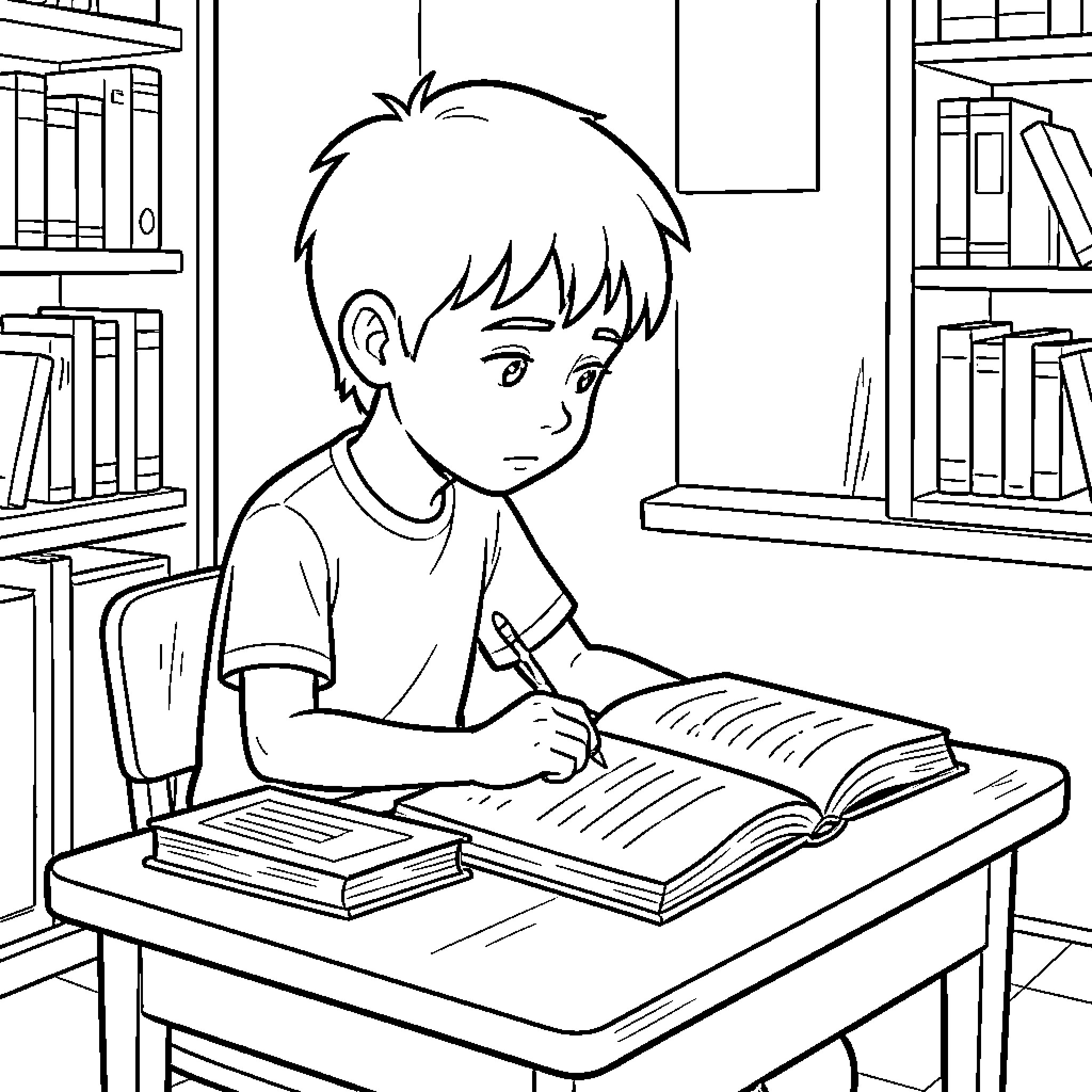 Niño studying intently with books at a desk Coloring Page (free black-and-white line drawing printable PDF for all, from beginners to advanced learners, including children, teens, adults, and seniors)
