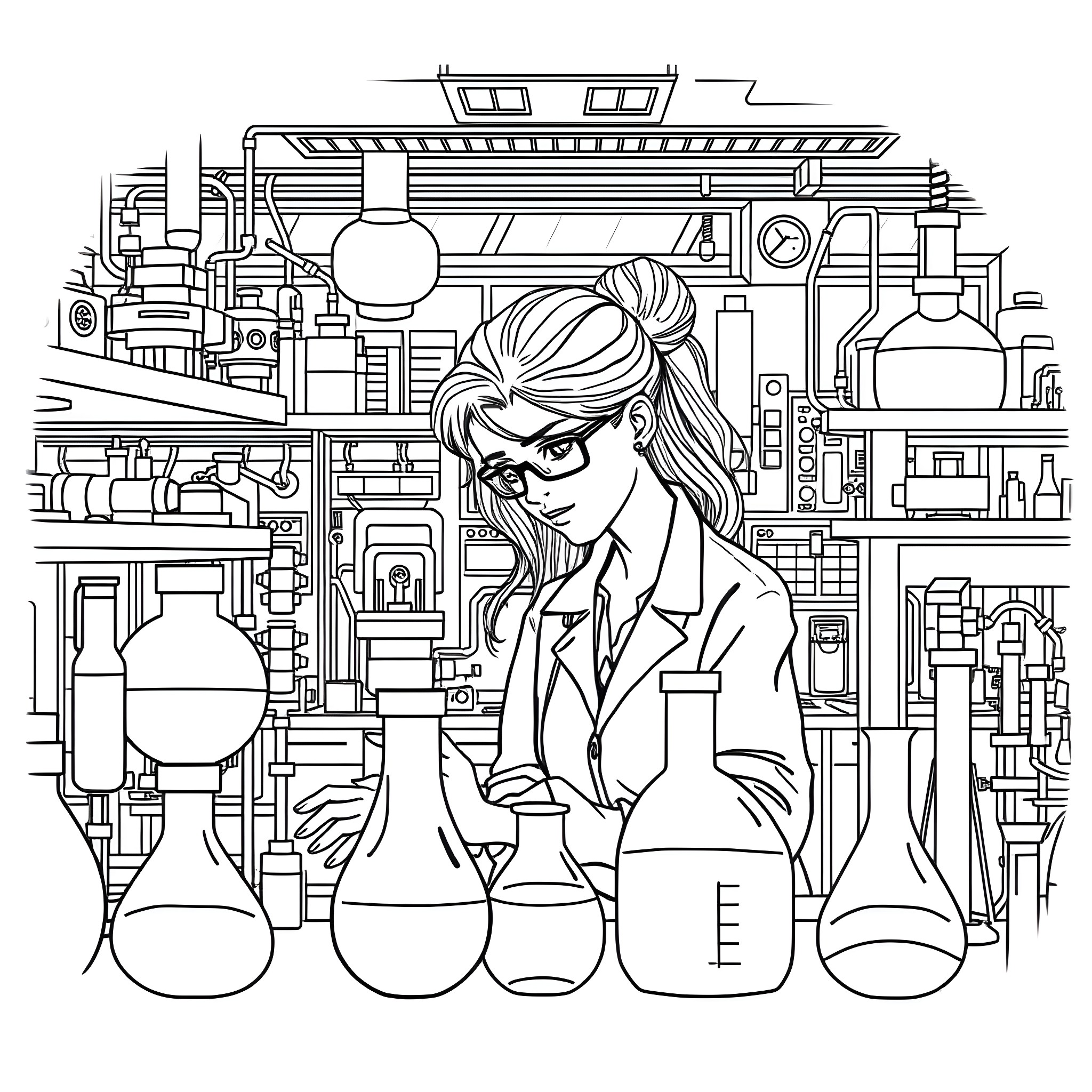 Scientist working diligently in the laboratory Coloring Page (free black-and-white line drawing printable PDF for all, from beginners to advanced learners, including children, teens, adults, and seniors)