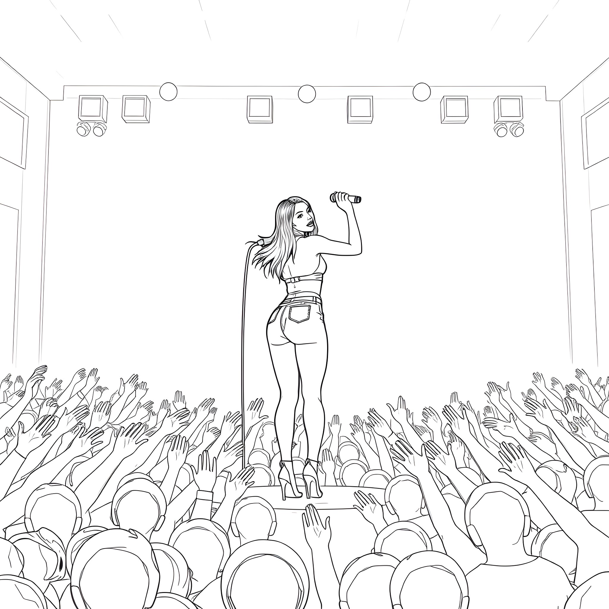 Ariana Grande performing energetically on stage Coloring Page (free black-and-white line drawing printable PDF for all, from beginners to advanced learners, including children, teens, adults, and seniors)