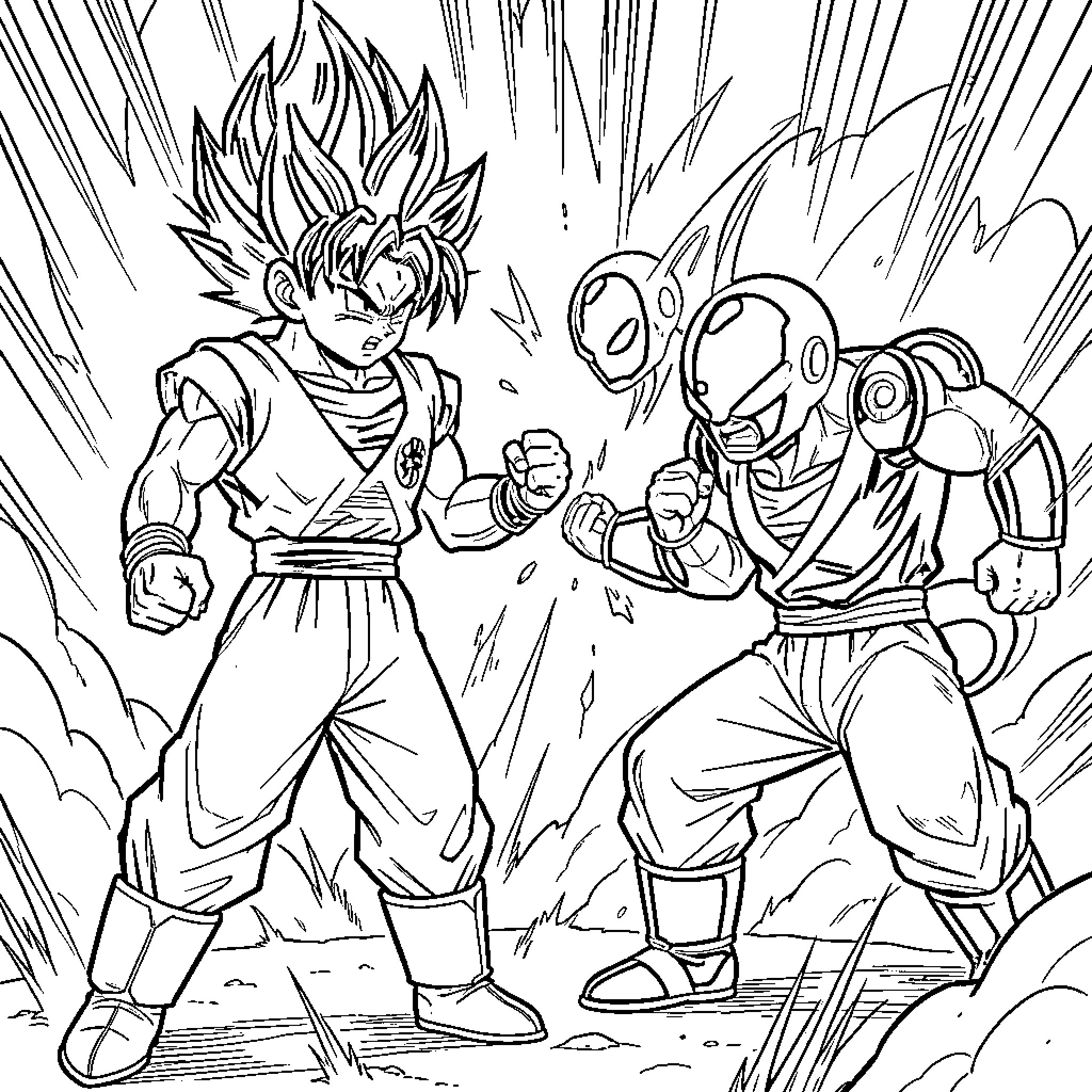 Gohan facing off against a powerful opponent in battle Coloring Page (free black-and-white line drawing printable PDF for all, from beginners to advanced learners, including children, teens, adults, and seniors)