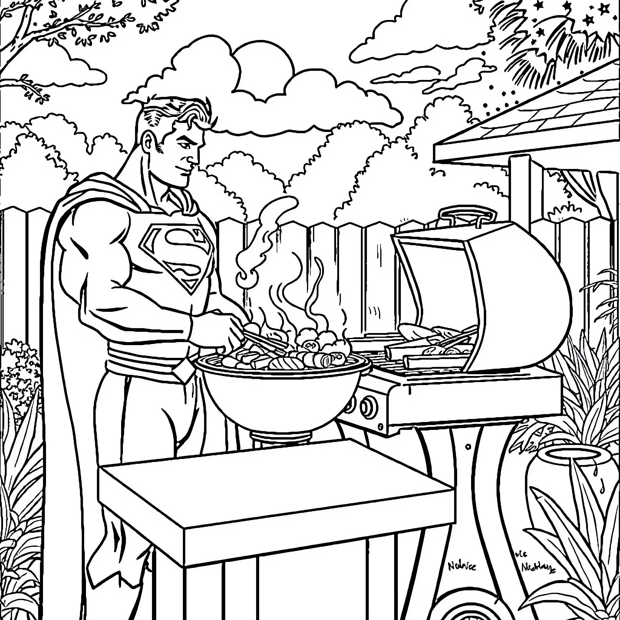 Superman Grilling Food Outdoors in Nature Coloring Page (free black-and-white line drawing printable PDF for all, from beginners to advanced learners, including children, teens, adults, and seniors)