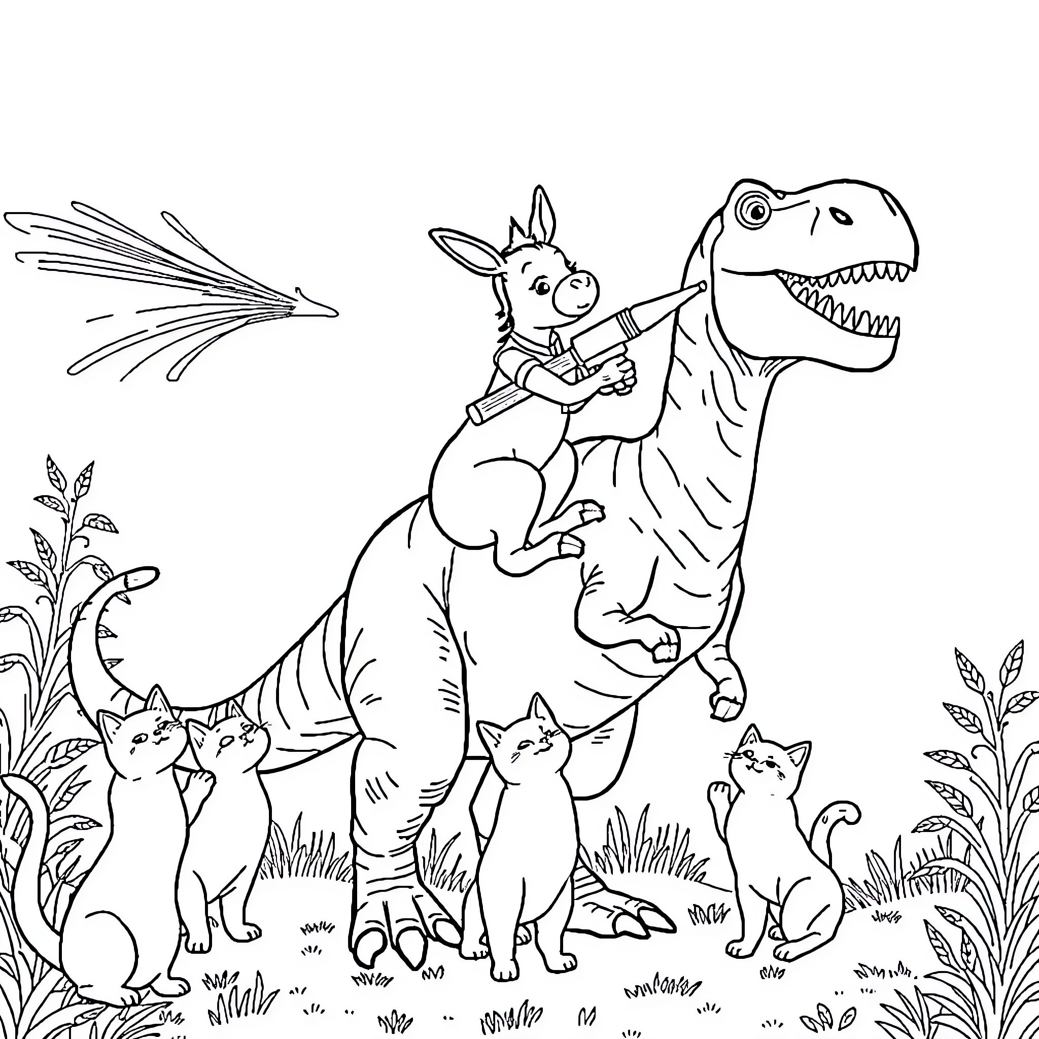 Donkey riding T-Rex with cats in forest Coloring Page (free black-and-white line drawing printable PDF for all, from beginners to advanced learners, including children, teens, adults, and seniors)