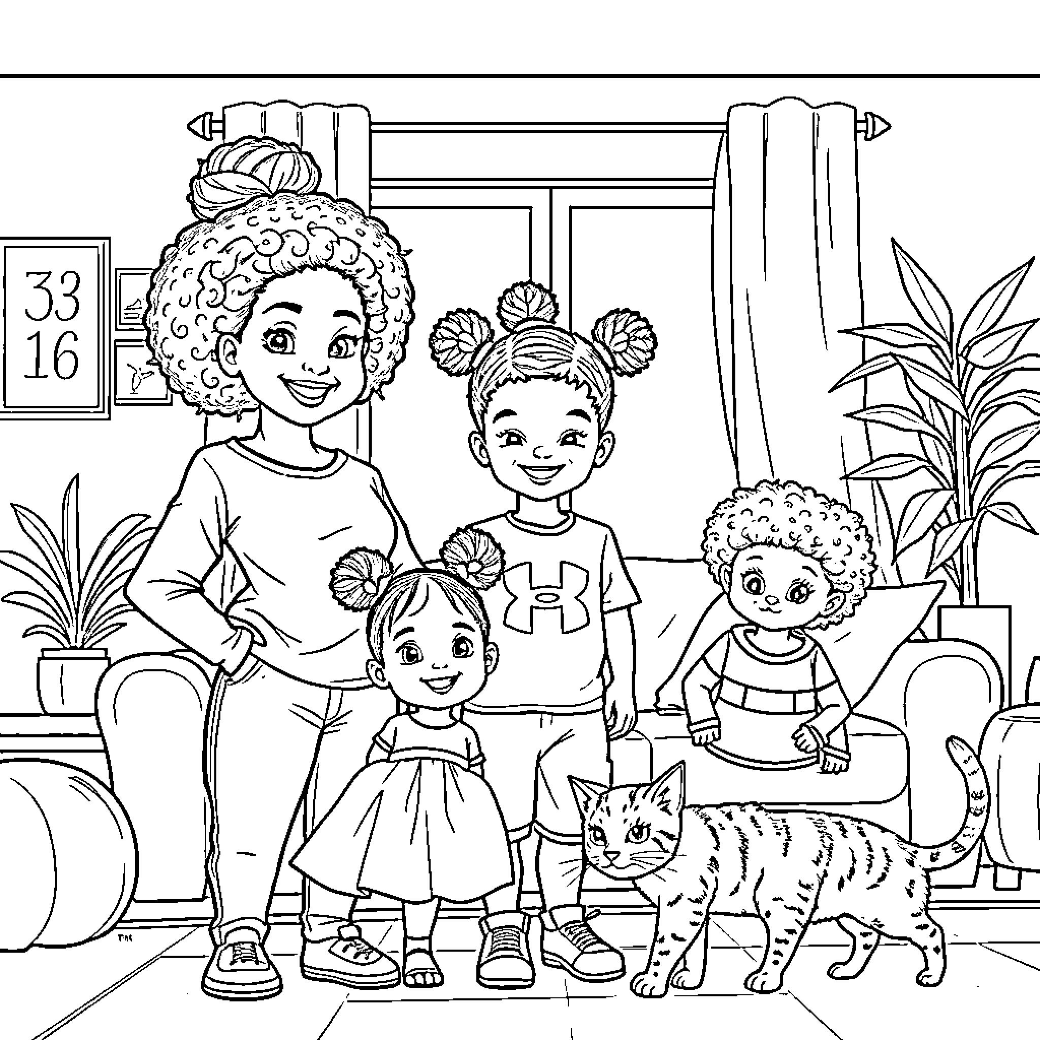Family Enjoying a Cozy Home Together Coloring Page (free black-and-white line drawing printable PDF for all, from beginners to advanced learners, including children, teens, adults, and seniors)