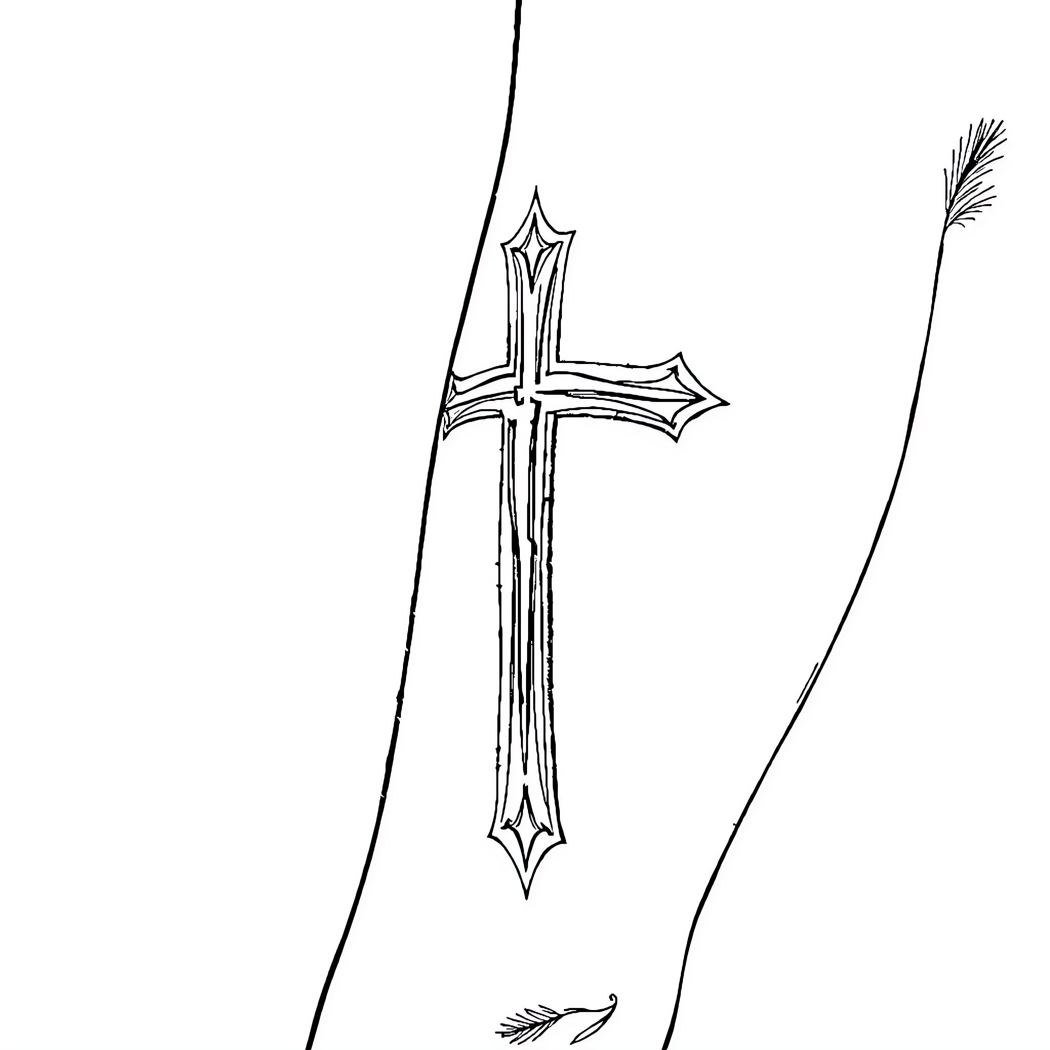 Cross of ornate design with feathers Coloring Page (free black-and-white line drawing printable PDF for all, from beginners to advanced learners, including children, teens, adults, and seniors)