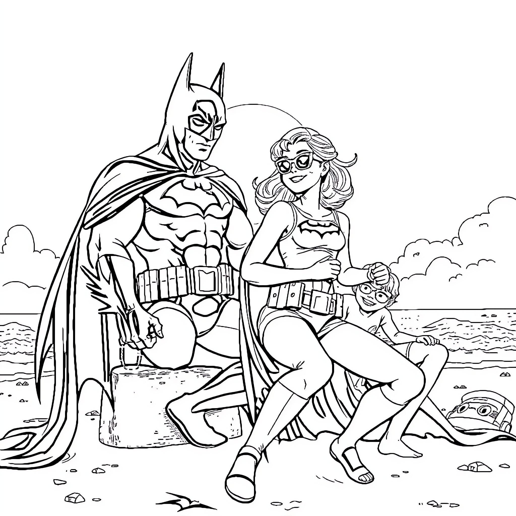 Batman and Batgirl's Seaside Adventure Coloring Page (free black-and-white line drawing printable PDF for all, from beginners to advanced learners, including children, teens, adults, and seniors)