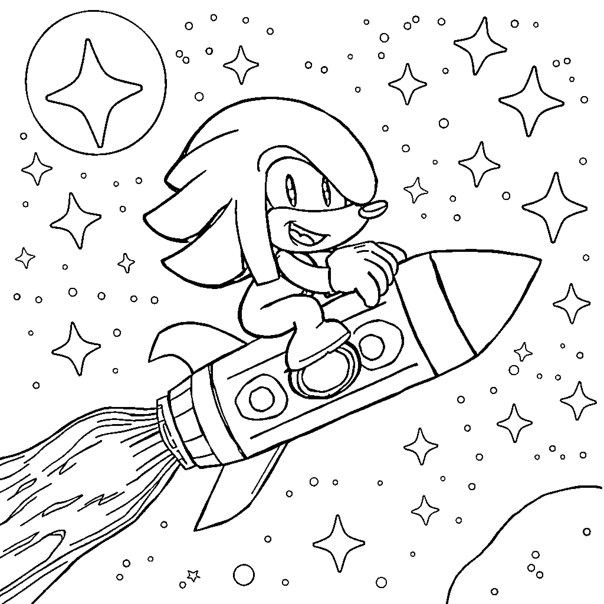 Knuckles riding a rocket through a starry sky Coloring Page (free black-and-white line drawing printable PDF for all, from beginners to advanced learners, including children, teens, adults, and seniors)