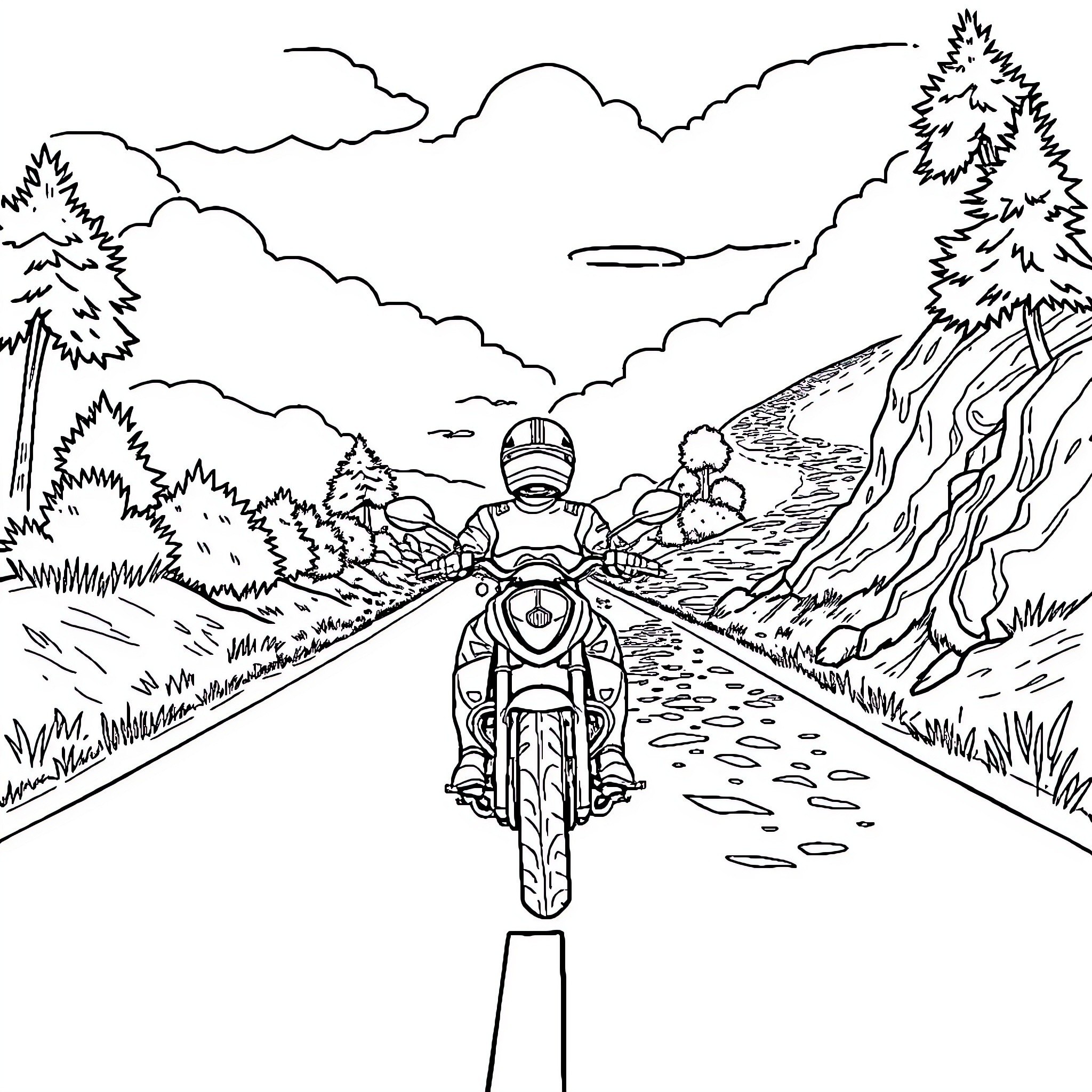 Motorcycle riding through scenic mountain road Coloring Page (free black-and-white line drawing printable PDF for all, from beginners to advanced learners, including children, teens, adults, and seniors)