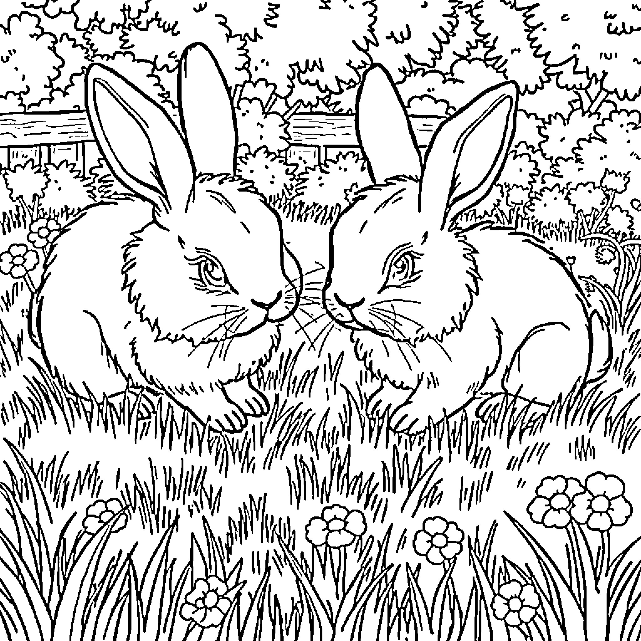 Rabbit pair enjoying the garden Coloring Page (free black-and-white line drawing printable PDF for all, from beginners to advanced learners, including children, teens, adults, and seniors)